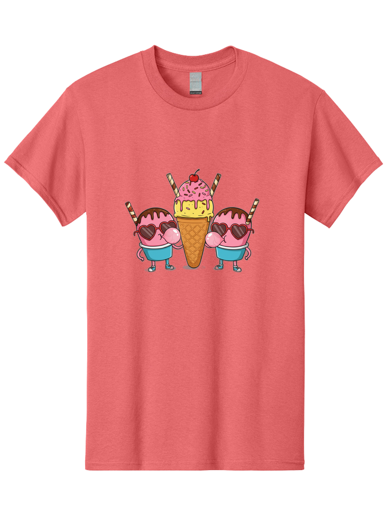 Twin-Ice-Cream Men'S Graphic Tee, 100% Cotton, Comfortable Casual Summer Wear, Machine Washable, Cartoon Ice Cream Characters, Heart-Shaped Sunglasses, Dripping Chocolate, Pink And Yellow Ice Cream, Sprinkles, Cherry On Top, Striped Straws, Bab559 8