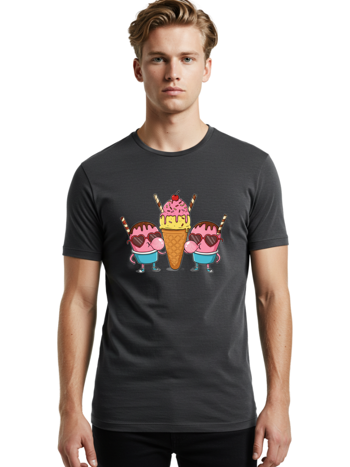 Twin-Ice-Cream Men'S Graphic Tee, 100% Cotton, Comfortable Casual Summer Wear, Machine Washable, Cartoon Ice Cream Characters, Heart-Shaped Sunglasses, Dripping Chocolate, Pink And Yellow Ice Cream, Sprinkles, Cherry On Top, Striped Straws, Bab559 29