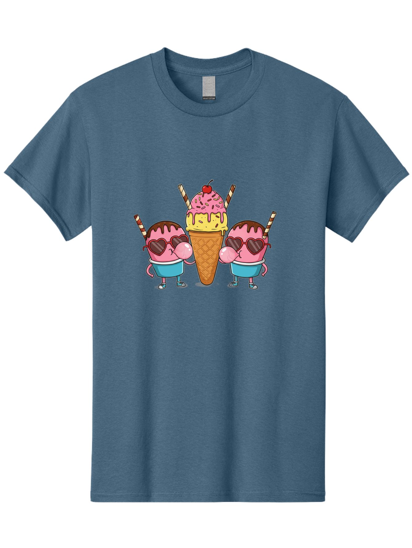Twin-Ice-Cream Men'S Graphic Tee, 100% Cotton, Comfortable Casual Summer Wear, Machine Washable, Cartoon Ice Cream Characters, Heart-Shaped Sunglasses, Dripping Chocolate, Pink And Yellow Ice Cream, Sprinkles, Cherry On Top, Striped Straws, Bab559 11