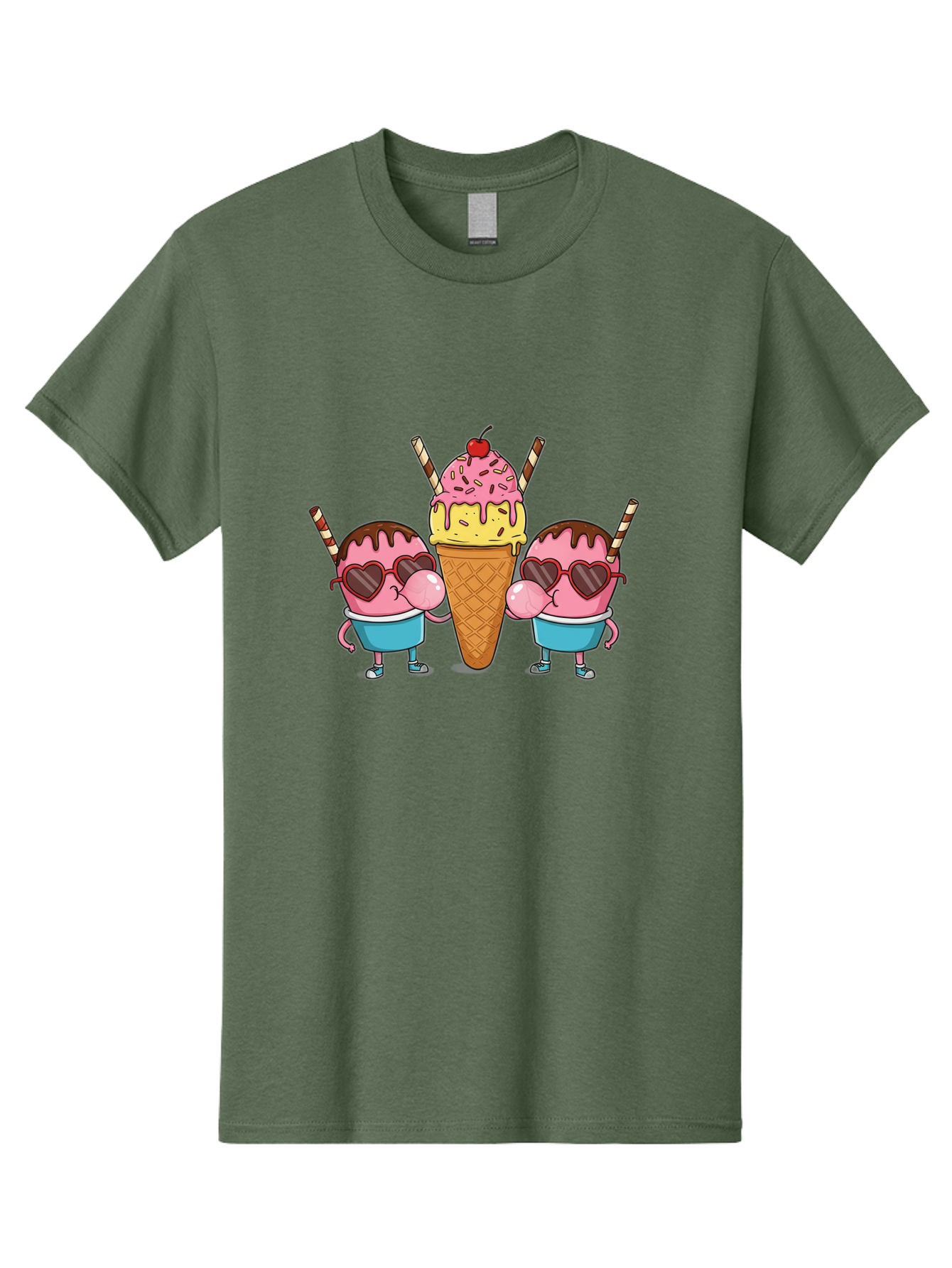 Twin-Ice-Cream Men'S Graphic Tee, 100% Cotton, Comfortable Casual Summer Wear, Machine Washable, Cartoon Ice Cream Characters, Heart-Shaped Sunglasses, Dripping Chocolate, Pink And Yellow Ice Cream, Sprinkles, Cherry On Top, Striped Straws, Bab559 15