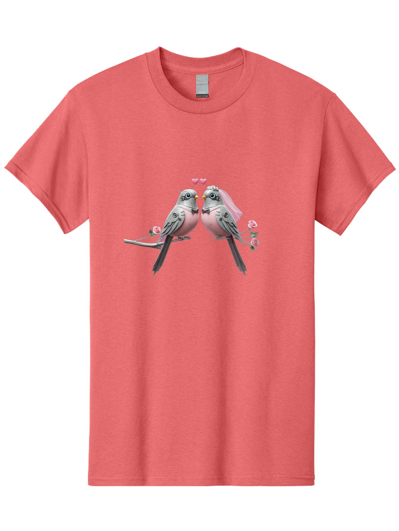 Two-Birds Men'S Graphic Tee, 100% Cotton, Comfortable Casual Summer Wear, Machine Washable, Love Birds, Couple Birds, Pink Birds On Branch, Birds With Wedding Veil, Birds Kissing, Pink Roses, Romantic Birds, Bird Couple, Adorable Birds, Bab560 3