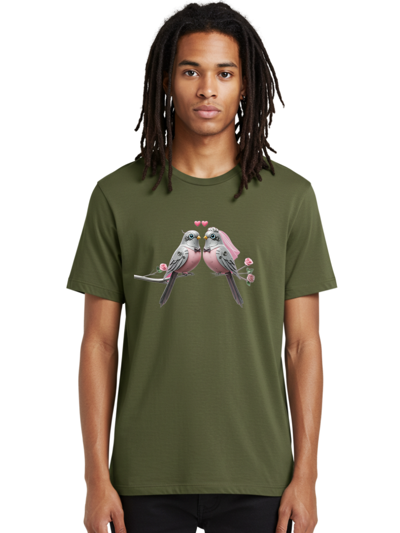 Two-Birds Men'S Graphic Tee, 100% Cotton, Comfortable Casual Summer Wear, Machine Washable, Love Birds, Couple Birds, Pink Birds On Branch, Birds With Wedding Veil, Birds Kissing, Pink Roses, Romantic Birds, Bird Couple, Adorable Birds, Bab560 25
