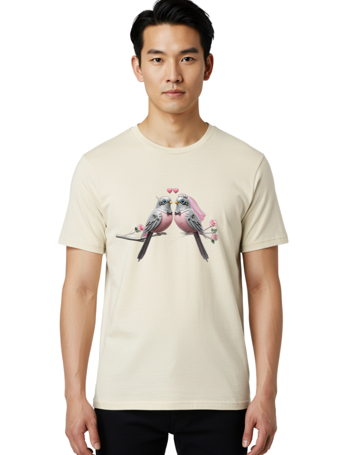 Two-Birds Men'S Graphic Tee, 100% Cotton, Comfortable Casual Summer Wear, Machine Washable, Love Birds, Couple Birds, Pink Birds On Branch, Birds With Wedding Veil, Birds Kissing, Pink Roses, Romantic Birds, Bird Couple, Adorable Birds, Bab560 16