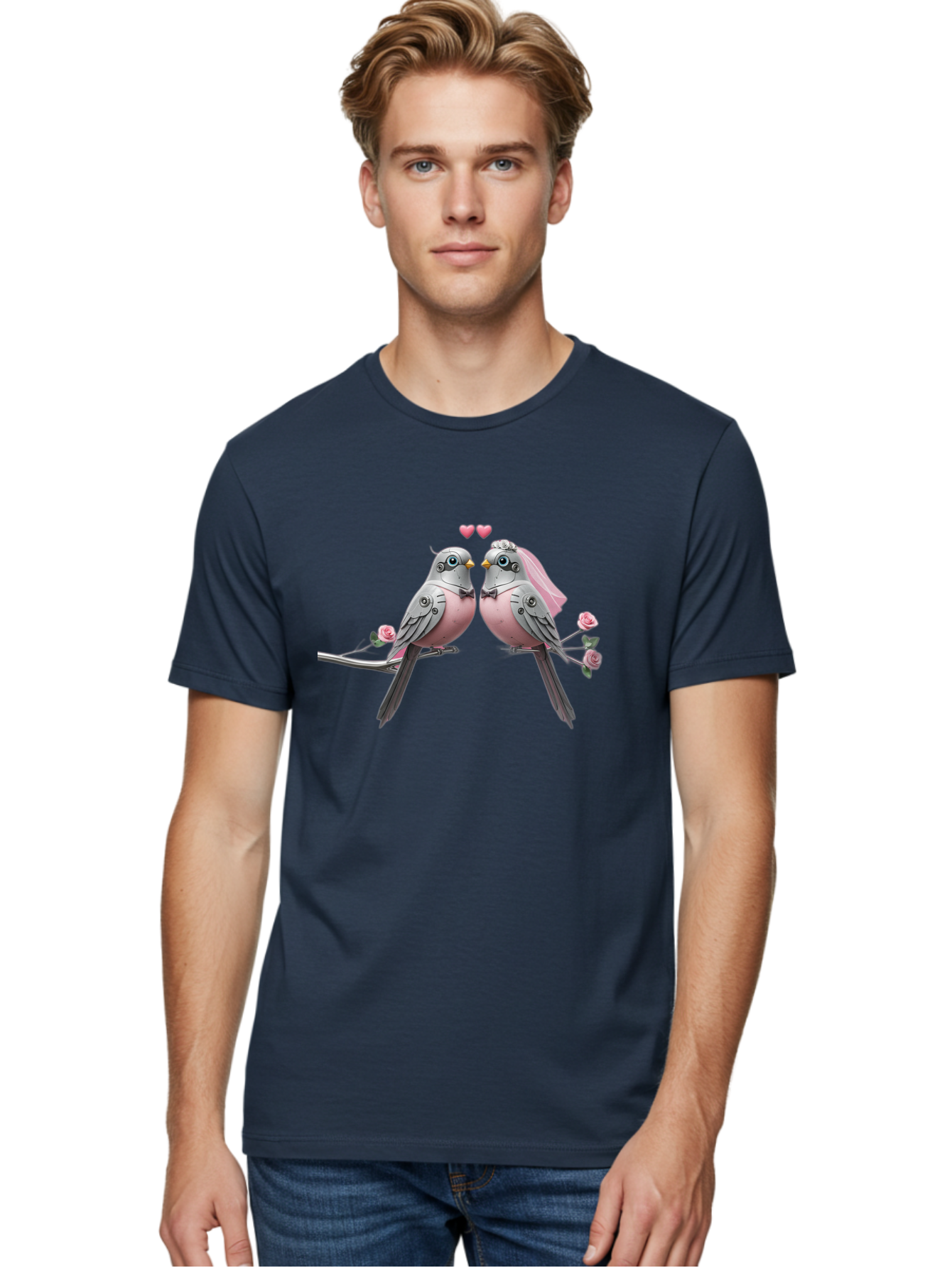 Two-Birds Men'S Graphic Tee, 100% Cotton, Comfortable Casual Summer Wear, Machine Washable, Love Birds, Couple Birds, Pink Birds On Branch, Birds With Wedding Veil, Birds Kissing, Pink Roses, Romantic Birds, Bird Couple, Adorable Birds, Bab560 30