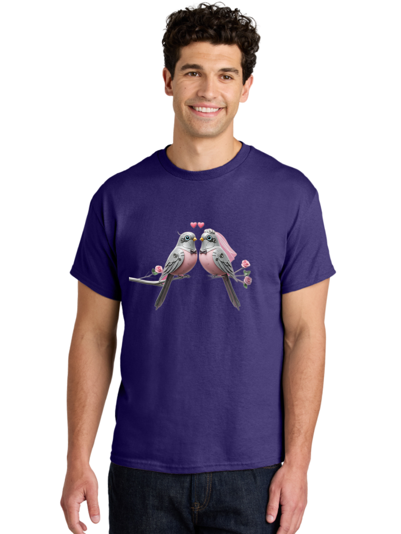 Two-Birds Men'S Graphic Tee, 100% Cotton, Comfortable Casual Summer Wear, Machine Washable, Love Birds, Couple Birds, Pink Birds On Branch, Birds With Wedding Veil, Birds Kissing, Pink Roses, Romantic Birds, Bird Couple, Adorable Birds, Bab560 28