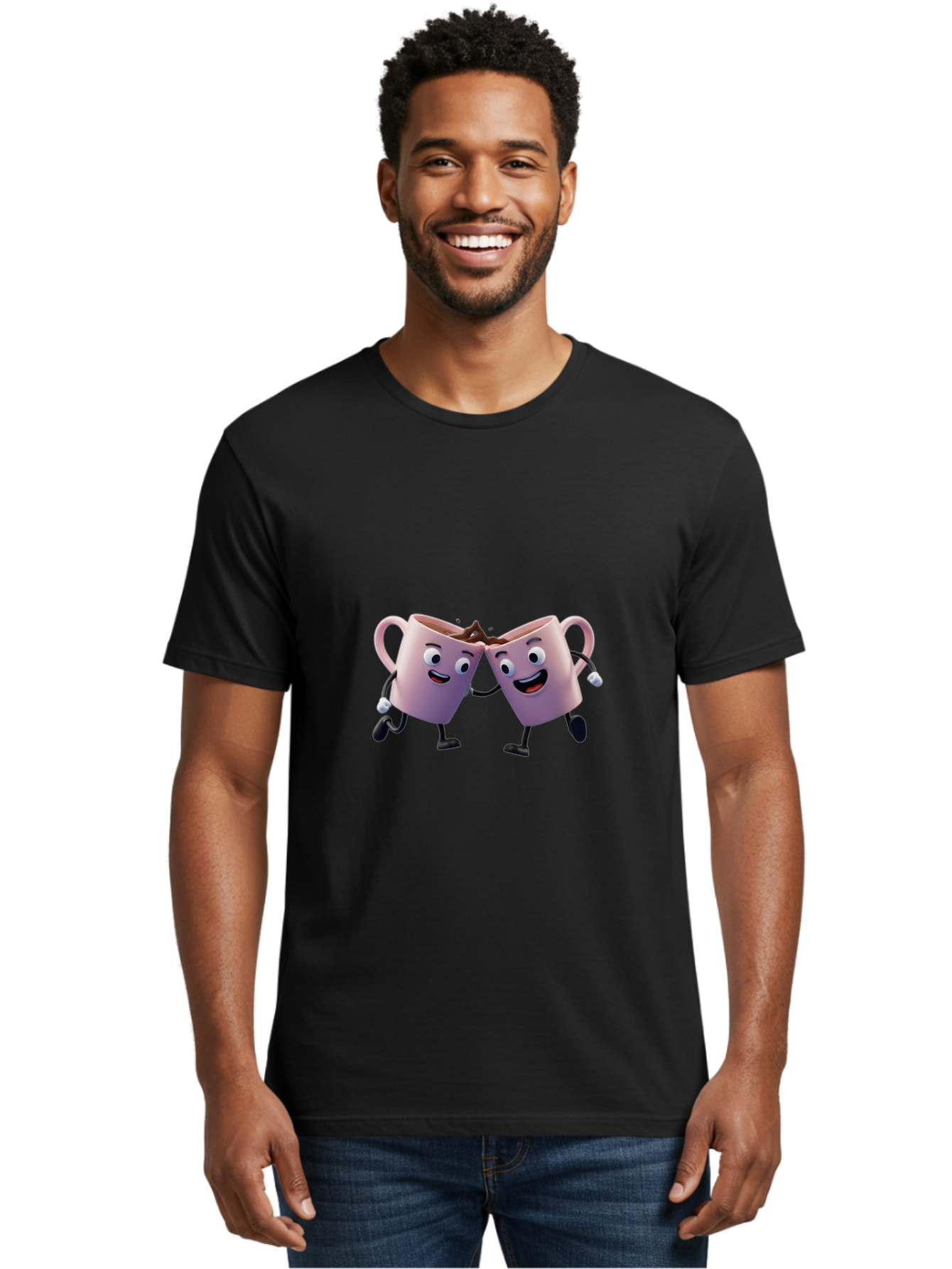 Two-Pink-Coffee-Mugs Men'S Graphic Tee, 100% Cotton, Comfortable Casual Summer Wear, Machine Washable, Coffee Mugs Cheering, Cartoon Characters, Happy Faces, Coffee Lovers, Friendship, Joyful Moments, Coffee Culture, Playful Design, Bab562 16