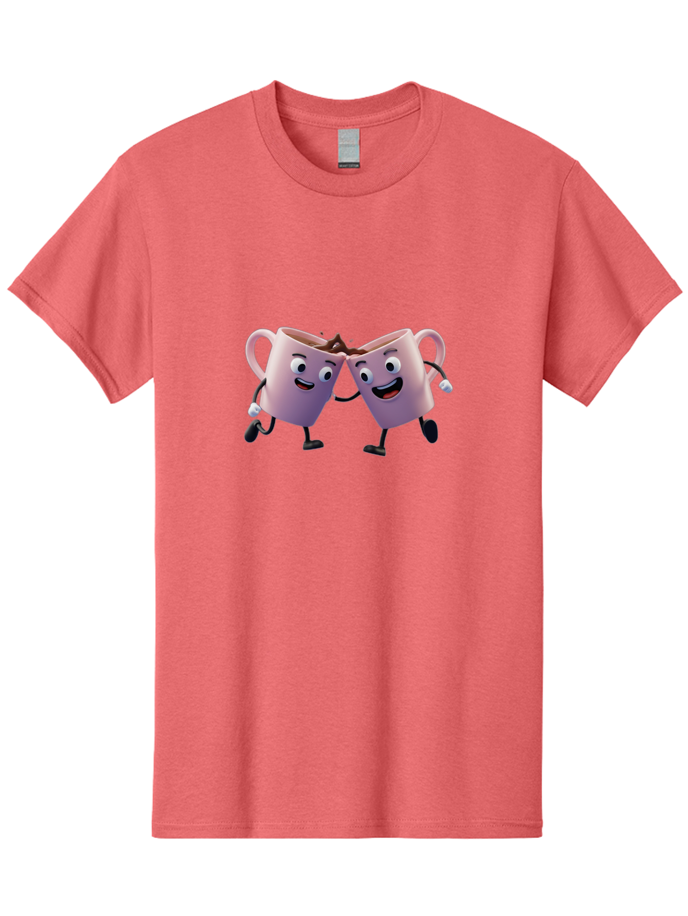 Two-Pink-Coffee-Mugs Men'S Graphic Tee, 100% Cotton, Comfortable Casual Summer Wear, Machine Washable, Coffee Mugs Cheering, Cartoon Characters, Happy Faces, Coffee Lovers, Friendship, Joyful Moments, Coffee Culture, Playful Design, Bab562 4