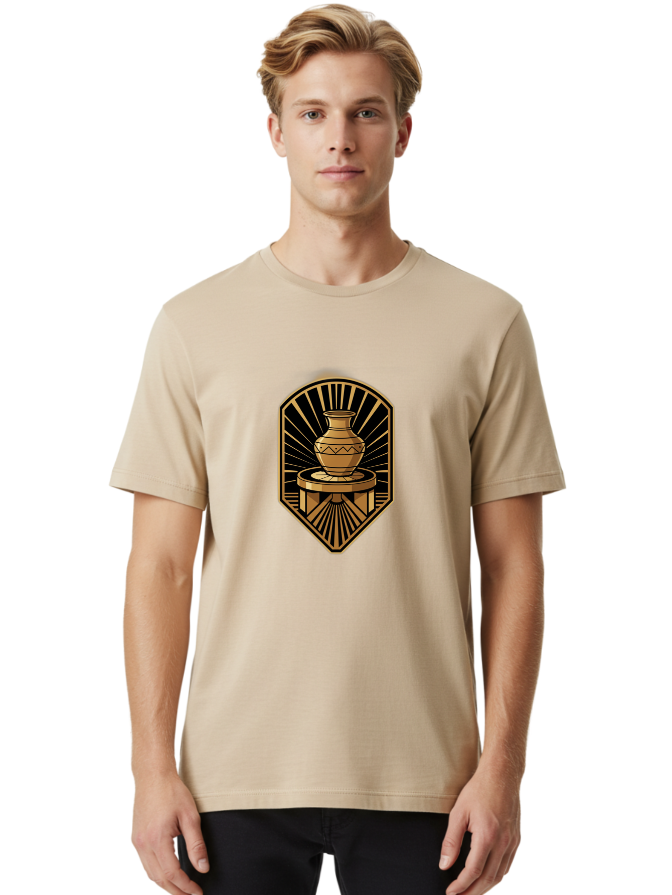 Vase-On-Pedestal Men'S Graphic Tee, 100% Cotton, Comfortable Casual Summer Wear, Machine Washable, Golden Vase, Decorative Pot, Ornate Design, Geometric Patterns, Luxurious Feel, Ancient Artifact, Stylish Decor, Elegant Display, Bab569 25