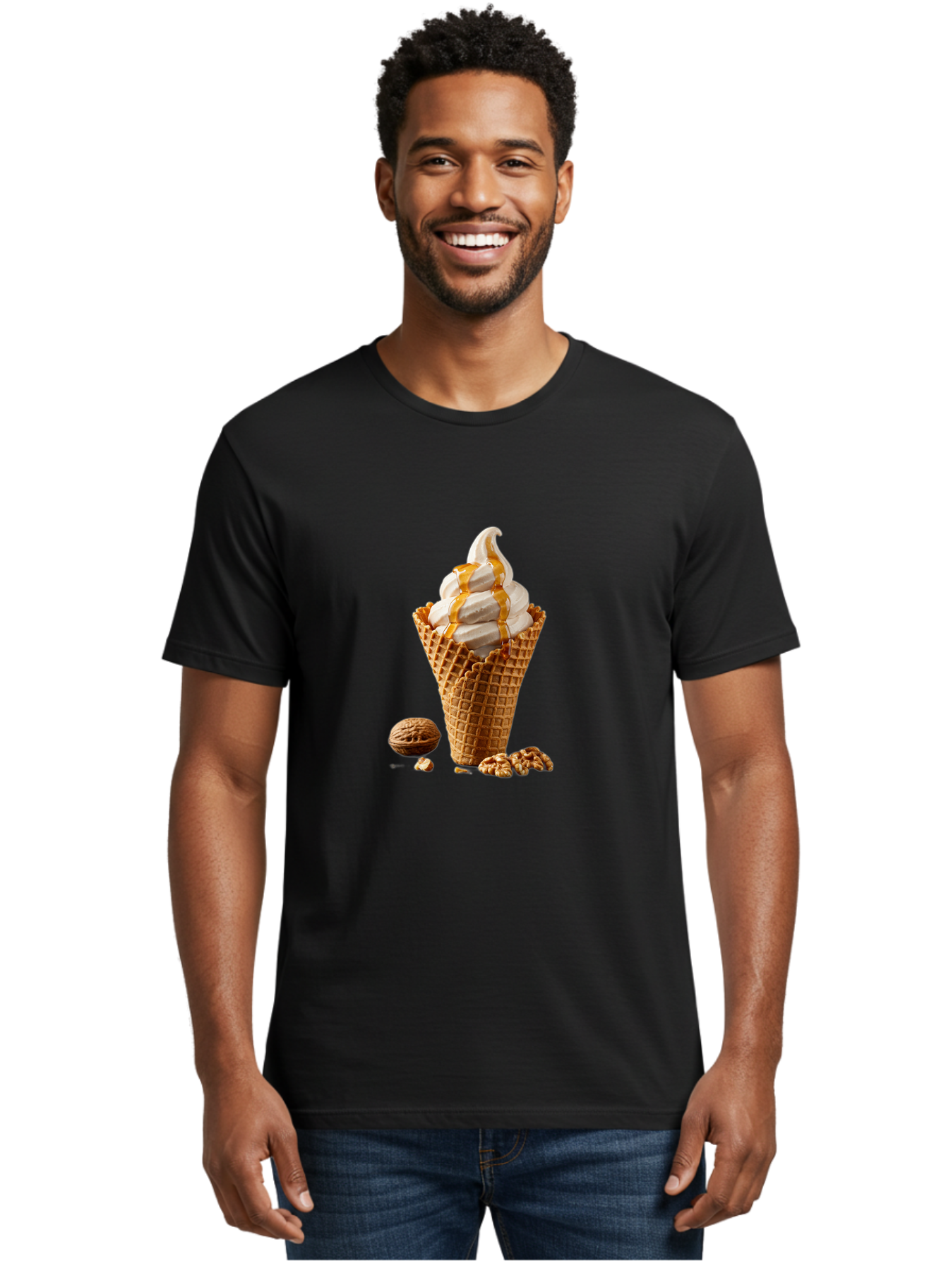 Waffle-Cone-Ice-Cream Men'S Graphic Tee, 100% Cotton, Comfortable Casual Summer Wear, Machine Washable, Caramel Ice Cream, Waffle Cone, Sweet Treats, Desserts, Ice Cream Cone, Caramel Sauce, Walnuts, Crunchy Texture, Delicious Desserts, Bab574 26