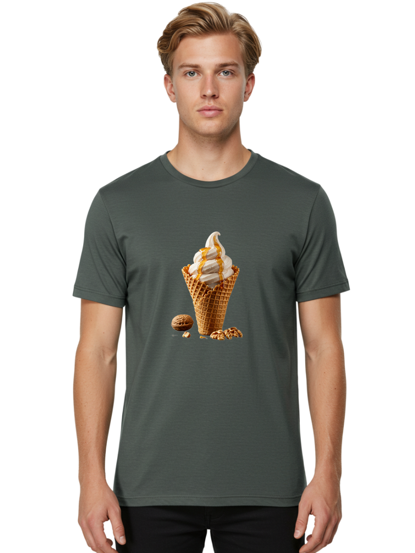 Waffle-Cone-Ice-Cream Men'S Graphic Tee, 100% Cotton, Comfortable Casual Summer Wear, Machine Washable, Caramel Ice Cream, Waffle Cone, Sweet Treats, Desserts, Ice Cream Cone, Caramel Sauce, Walnuts, Crunchy Texture, Delicious Desserts, Bab574 29