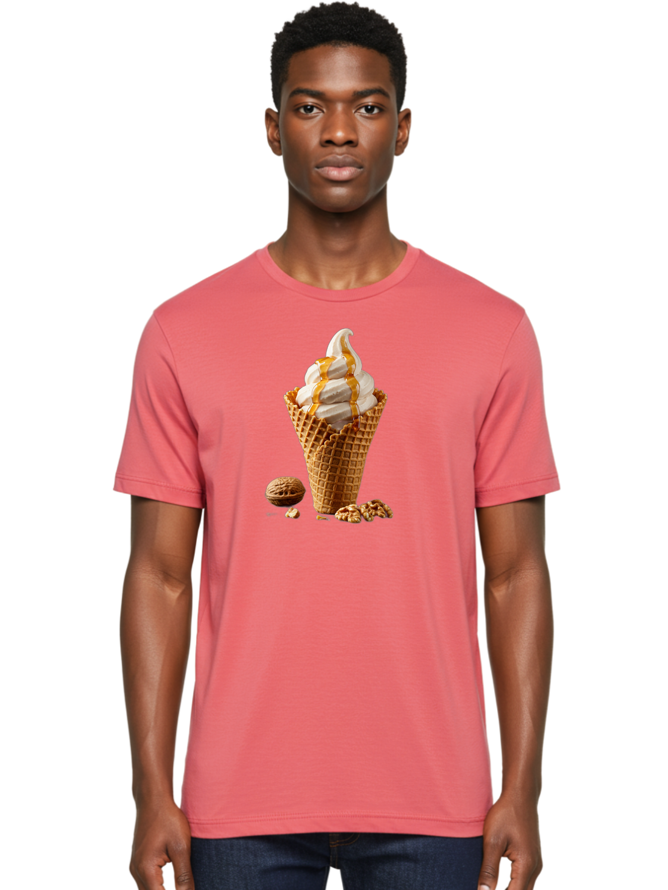 Waffle-Cone-Ice-Cream Men'S Graphic Tee, 100% Cotton, Comfortable Casual Summer Wear, Machine Washable, Caramel Ice Cream, Waffle Cone, Sweet Treats, Desserts, Ice Cream Cone, Caramel Sauce, Walnuts, Crunchy Texture, Delicious Desserts, Bab574 23