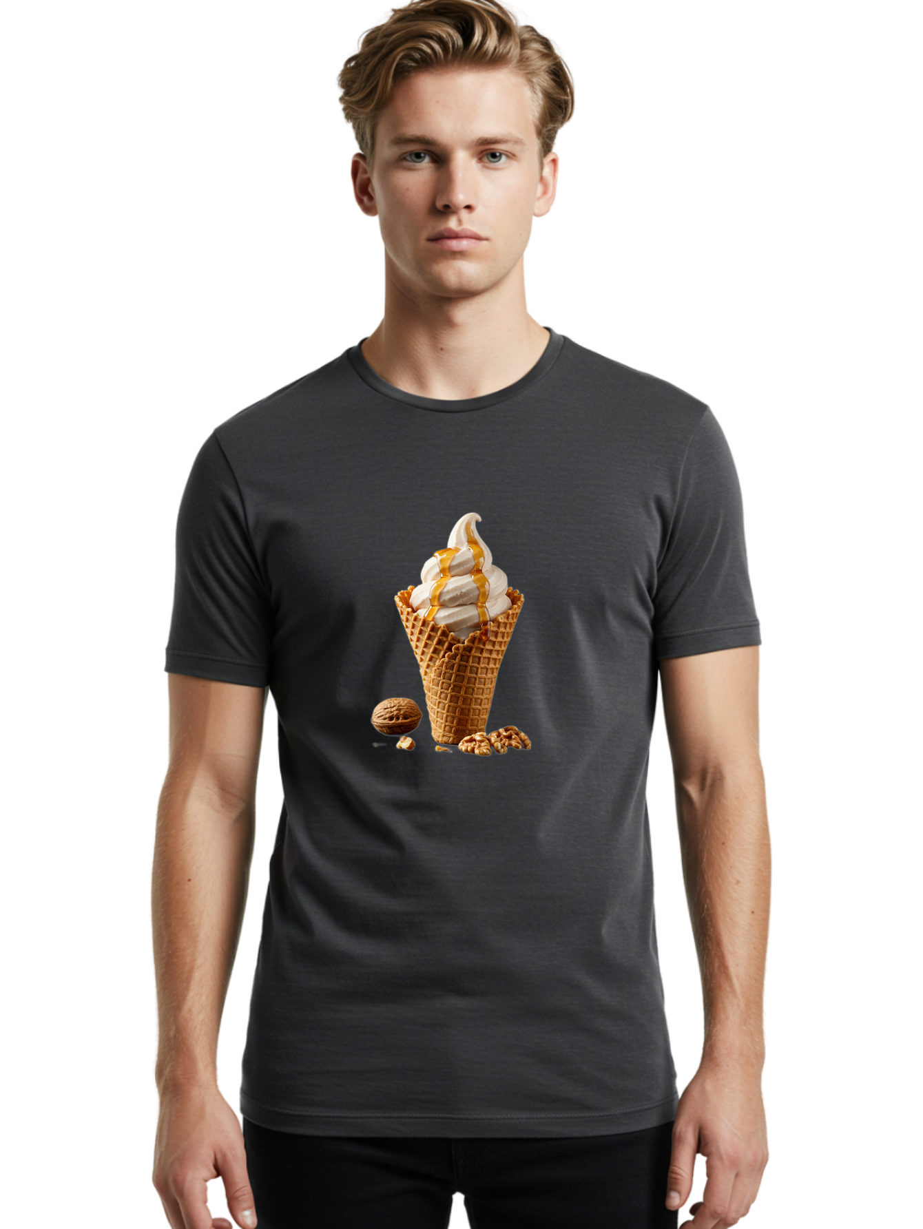 Waffle-Cone-Ice-Cream Men'S Graphic Tee, 100% Cotton, Comfortable Casual Summer Wear, Machine Washable, Caramel Ice Cream, Waffle Cone, Sweet Treats, Desserts, Ice Cream Cone, Caramel Sauce, Walnuts, Crunchy Texture, Delicious Desserts, Bab574 19