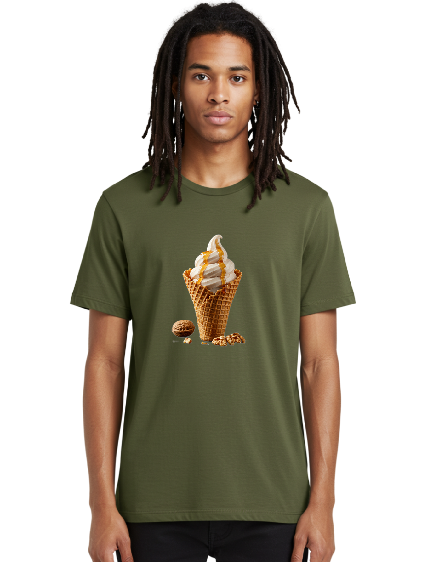 Waffle-Cone-Ice-Cream Men'S Graphic Tee, 100% Cotton, Comfortable Casual Summer Wear, Machine Washable, Caramel Ice Cream, Waffle Cone, Sweet Treats, Desserts, Ice Cream Cone, Caramel Sauce, Walnuts, Crunchy Texture, Delicious Desserts, Bab574 17