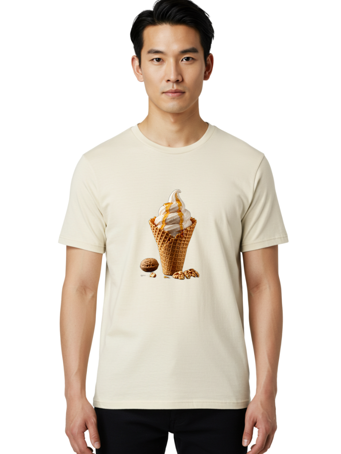 Waffle-Cone-Ice-Cream Men'S Graphic Tee, 100% Cotton, Comfortable Casual Summer Wear, Machine Washable, Caramel Ice Cream, Waffle Cone, Sweet Treats, Desserts, Ice Cream Cone, Caramel Sauce, Walnuts, Crunchy Texture, Delicious Desserts, Bab574 24