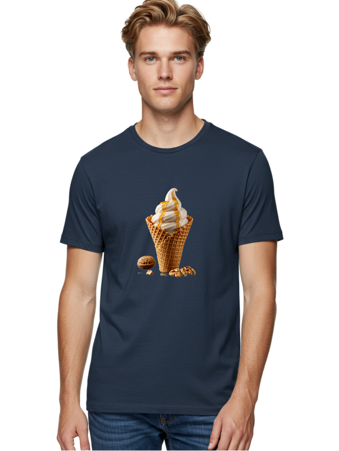 Waffle-Cone-Ice-Cream Men'S Graphic Tee, 100% Cotton, Comfortable Casual Summer Wear, Machine Washable, Caramel Ice Cream, Waffle Cone, Sweet Treats, Desserts, Ice Cream Cone, Caramel Sauce, Walnuts, Crunchy Texture, Delicious Desserts, Bab574 21