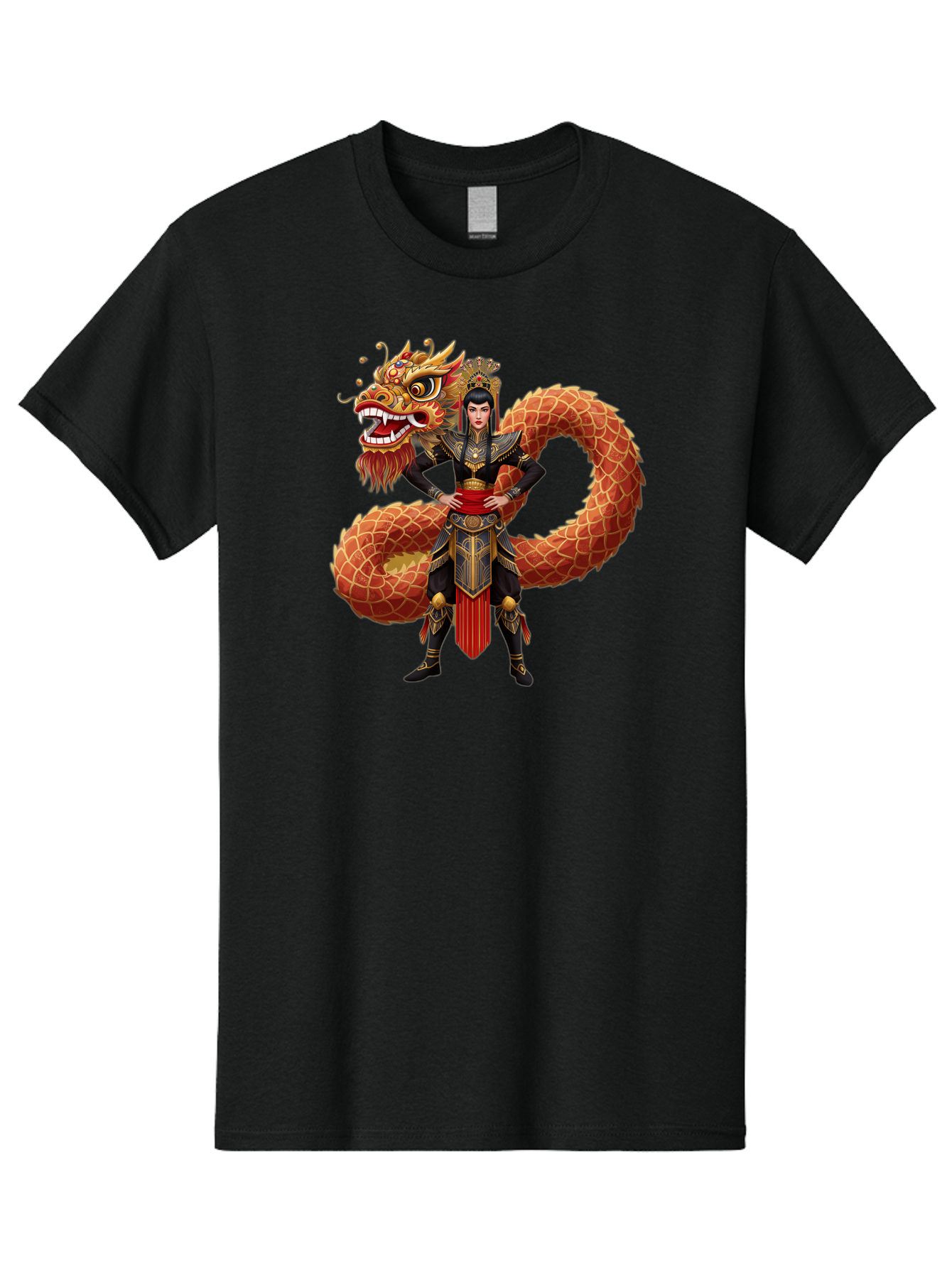 Warrior-Dragon Men'S Graphic Tee, 100% Cotton, Comfortable Casual Summer Wear, Machine Washable, Female Warrior, Dragon Companion, Traditional Armor, Gold Accents, Red Sash, Mythical Creature, Fantasy Art, Eastern Mythology, Bab575 8