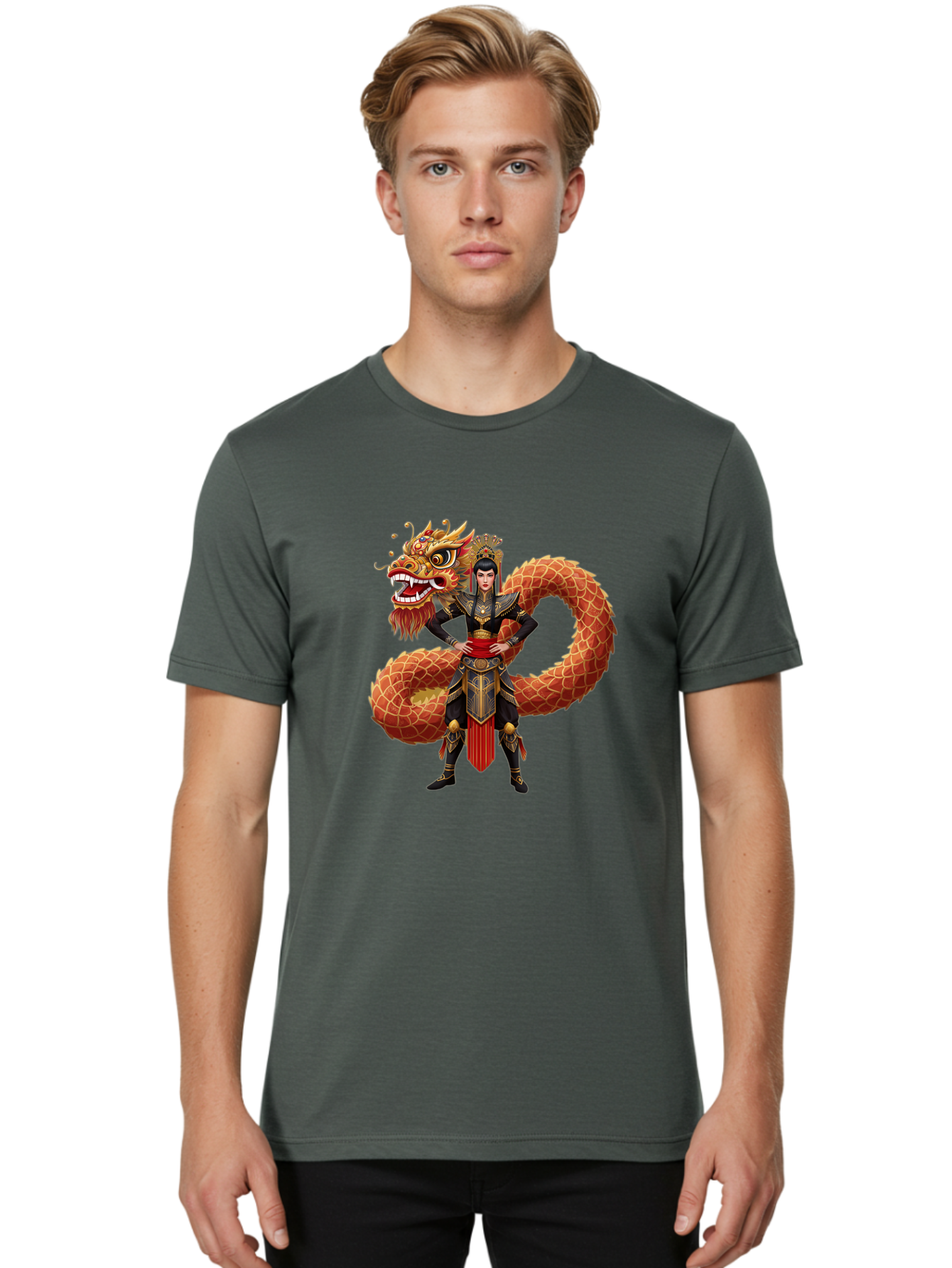 Warrior-Dragon Men'S Graphic Tee, 100% Cotton, Comfortable Casual Summer Wear, Machine Washable, Female Warrior, Dragon Companion, Traditional Armor, Gold Accents, Red Sash, Mythical Creature, Fantasy Art, Eastern Mythology, Bab575 26