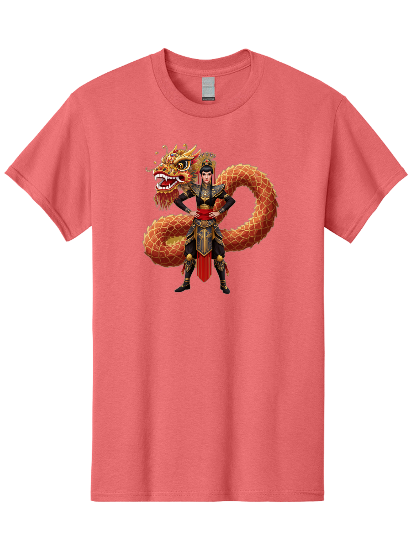 Warrior-Dragon Men'S Graphic Tee, 100% Cotton, Comfortable Casual Summer Wear, Machine Washable, Female Warrior, Dragon Companion, Traditional Armor, Gold Accents, Red Sash, Mythical Creature, Fantasy Art, Eastern Mythology, Bab575 15