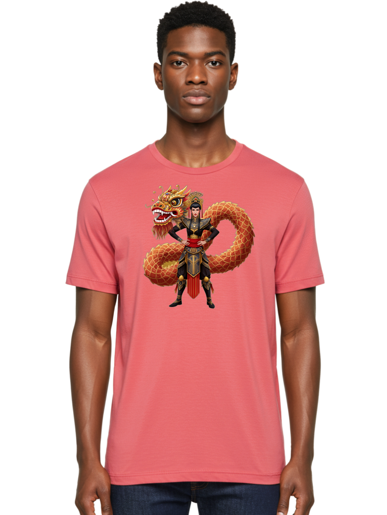 Warrior-Dragon Men'S Graphic Tee, 100% Cotton, Comfortable Casual Summer Wear, Machine Washable, Female Warrior, Dragon Companion, Traditional Armor, Gold Accents, Red Sash, Mythical Creature, Fantasy Art, Eastern Mythology, Bab575 30