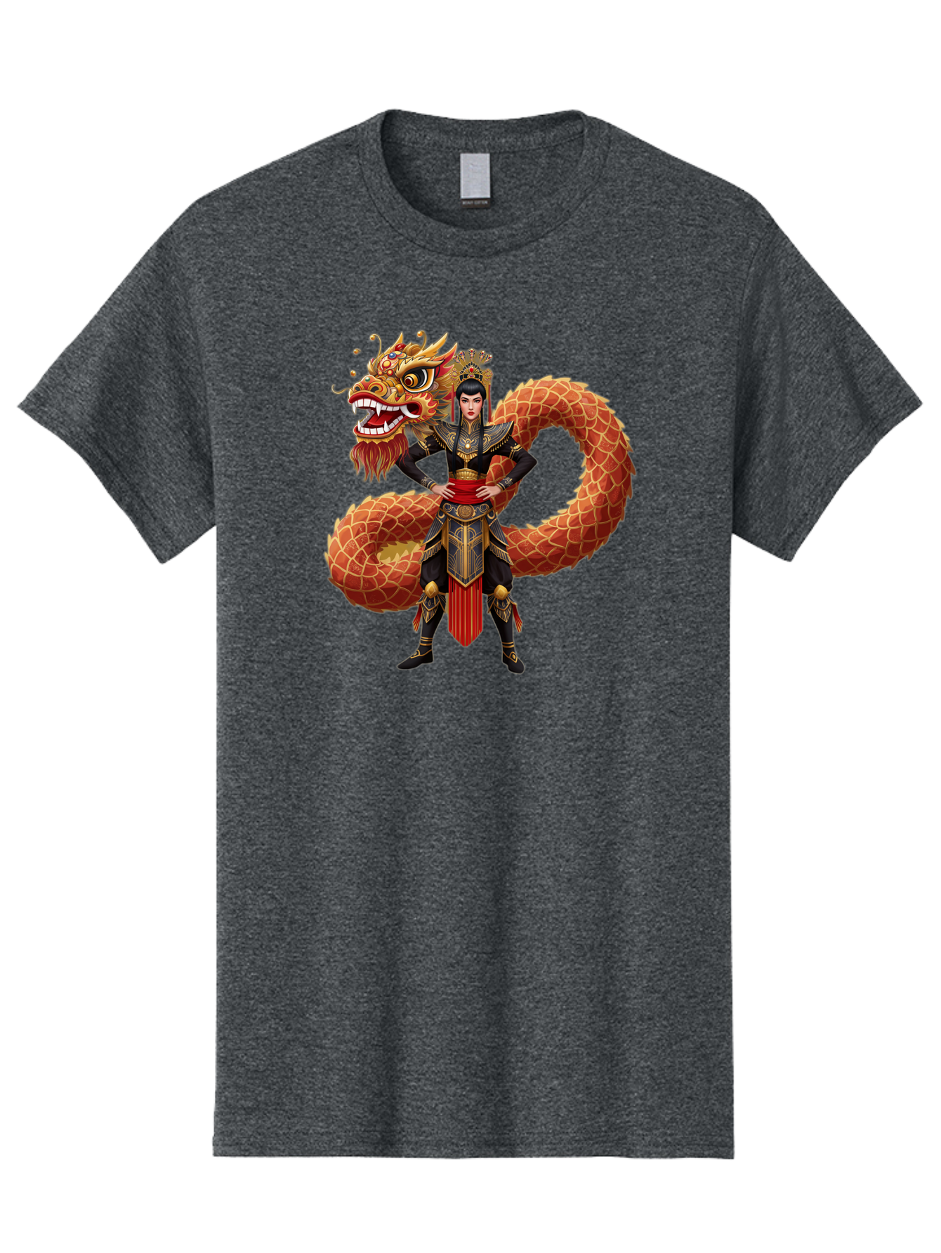 Warrior-Dragon Men'S Graphic Tee, 100% Cotton, Comfortable Casual Summer Wear, Machine Washable, Female Warrior, Dragon Companion, Traditional Armor, Gold Accents, Red Sash, Mythical Creature, Fantasy Art, Eastern Mythology, Bab575 10