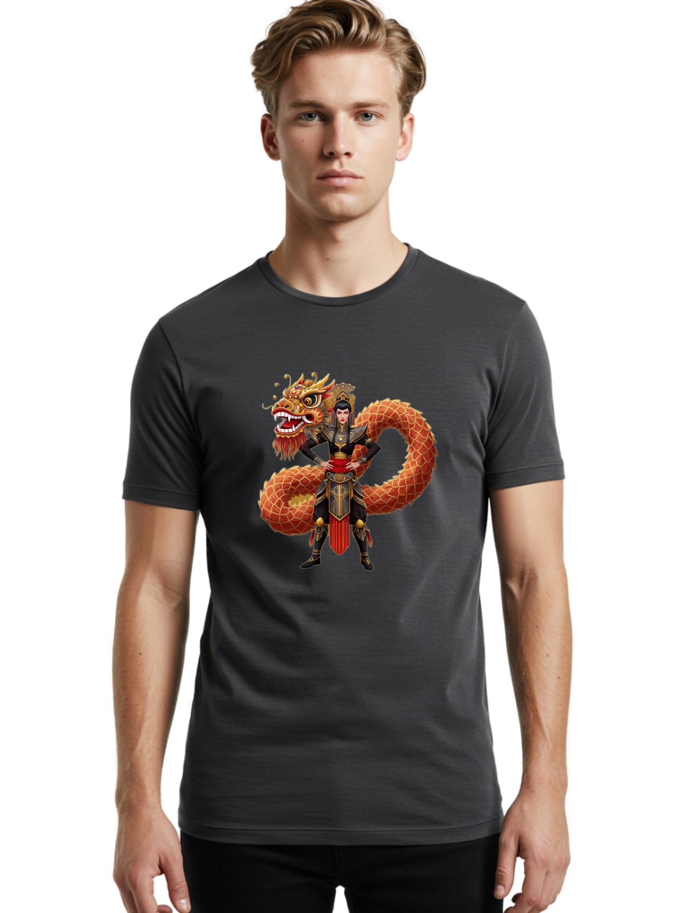 Warrior-Dragon Men'S Graphic Tee, 100% Cotton, Comfortable Casual Summer Wear, Machine Washable, Female Warrior, Dragon Companion, Traditional Armor, Gold Accents, Red Sash, Mythical Creature, Fantasy Art, Eastern Mythology, Bab575 25
