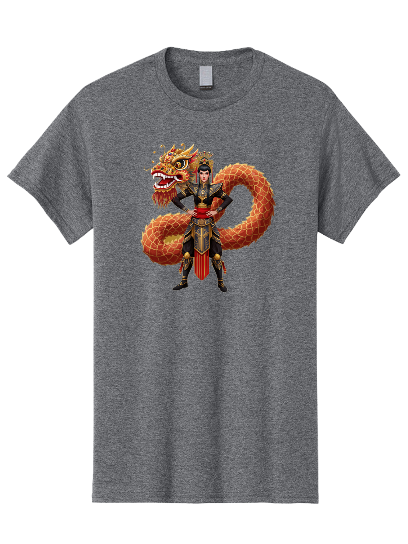 Warrior-Dragon Men'S Graphic Tee, 100% Cotton, Comfortable Casual Summer Wear, Machine Washable, Female Warrior, Dragon Companion, Traditional Armor, Gold Accents, Red Sash, Mythical Creature, Fantasy Art, Eastern Mythology, Bab575 14
