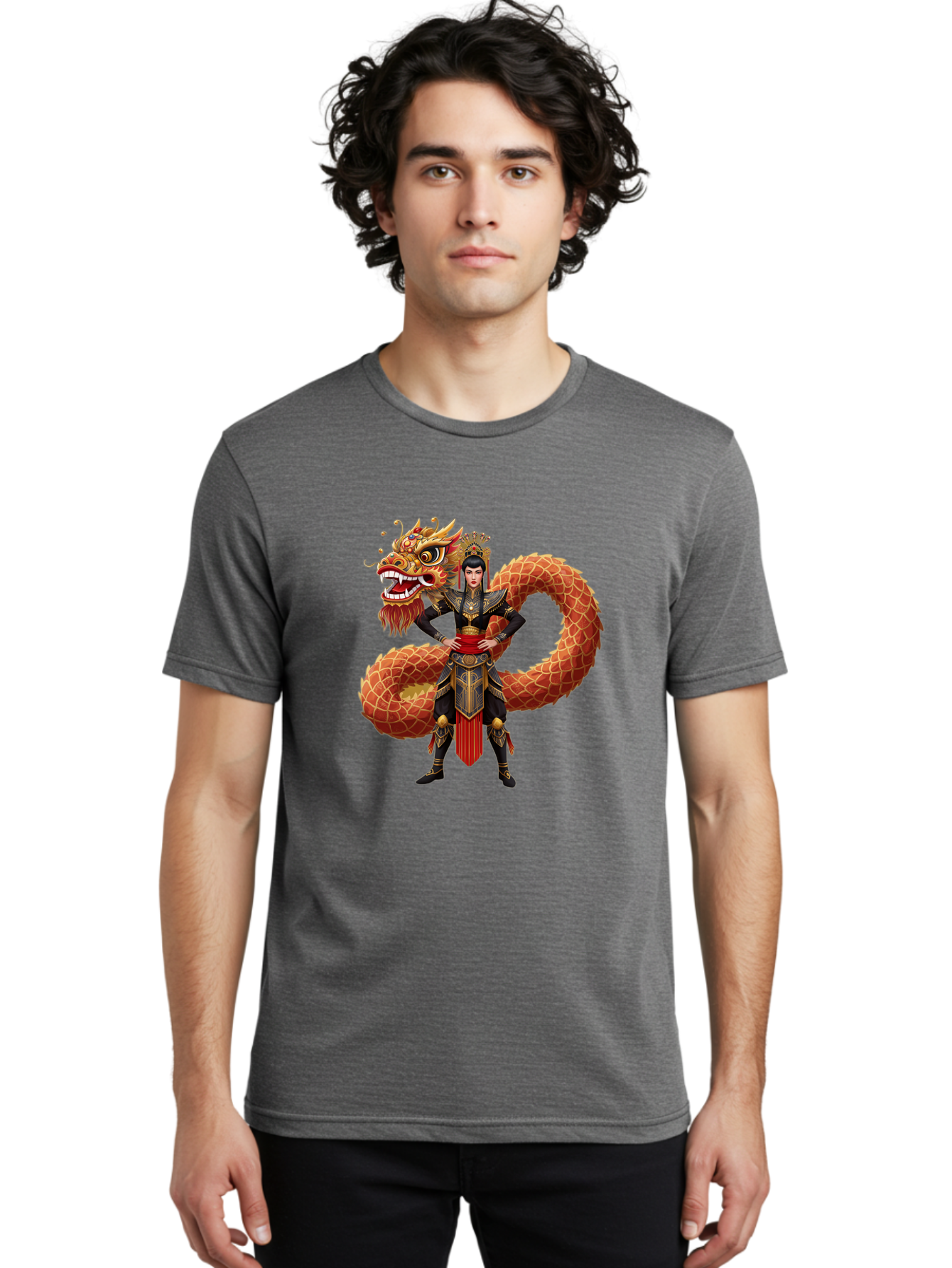 Warrior-Dragon Men'S Graphic Tee, 100% Cotton, Comfortable Casual Summer Wear, Machine Washable, Female Warrior, Dragon Companion, Traditional Armor, Gold Accents, Red Sash, Mythical Creature, Fantasy Art, Eastern Mythology, Bab575 29
