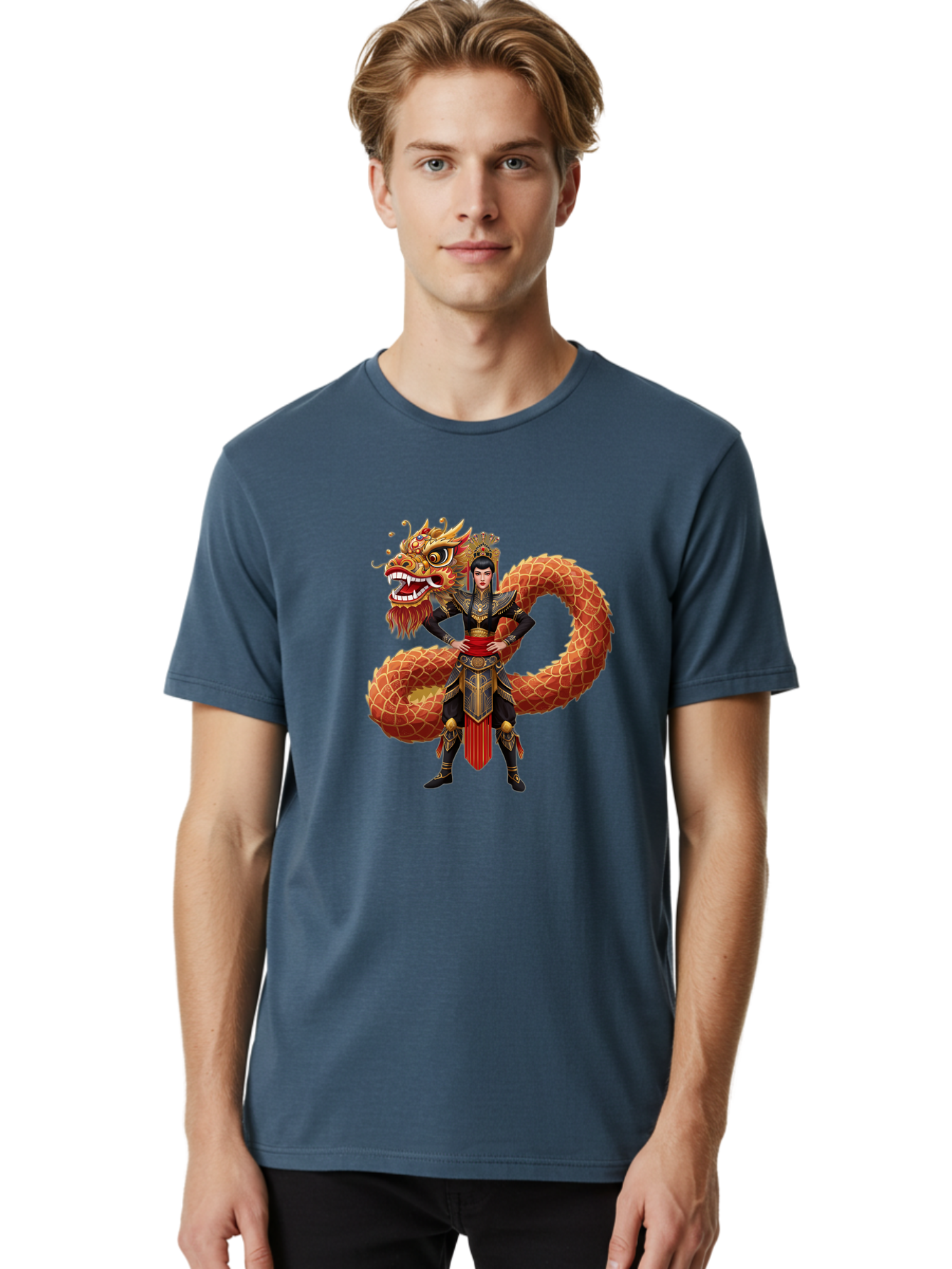 Warrior-Dragon Men'S Graphic Tee, 100% Cotton, Comfortable Casual Summer Wear, Machine Washable, Female Warrior, Dragon Companion, Traditional Armor, Gold Accents, Red Sash, Mythical Creature, Fantasy Art, Eastern Mythology, Bab575 28