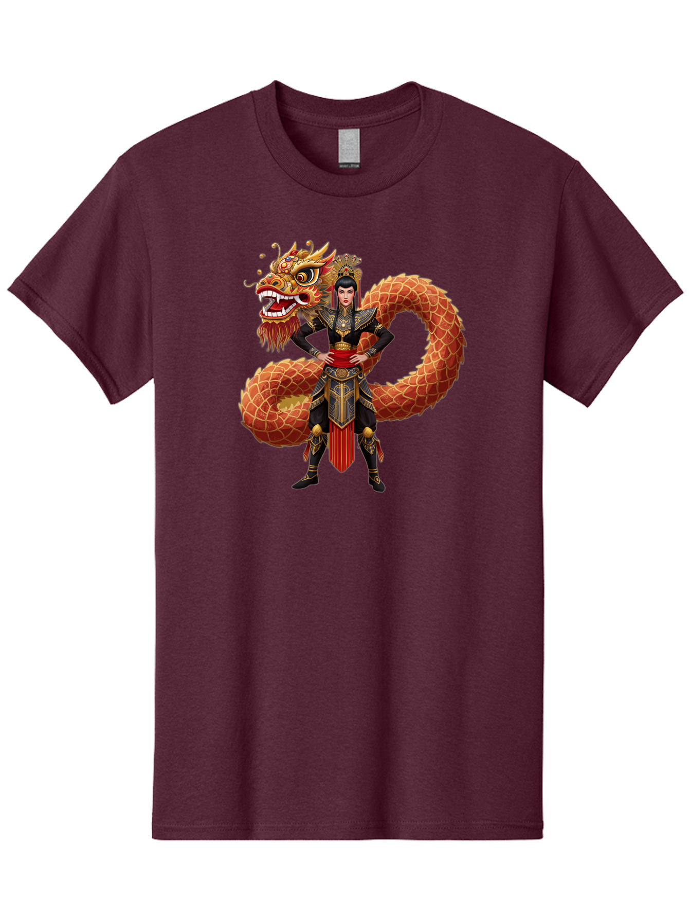 Warrior-Dragon Men'S Graphic Tee, 100% Cotton, Comfortable Casual Summer Wear, Machine Washable, Female Warrior, Dragon Companion, Traditional Armor, Gold Accents, Red Sash, Mythical Creature, Fantasy Art, Eastern Mythology, Bab575 3