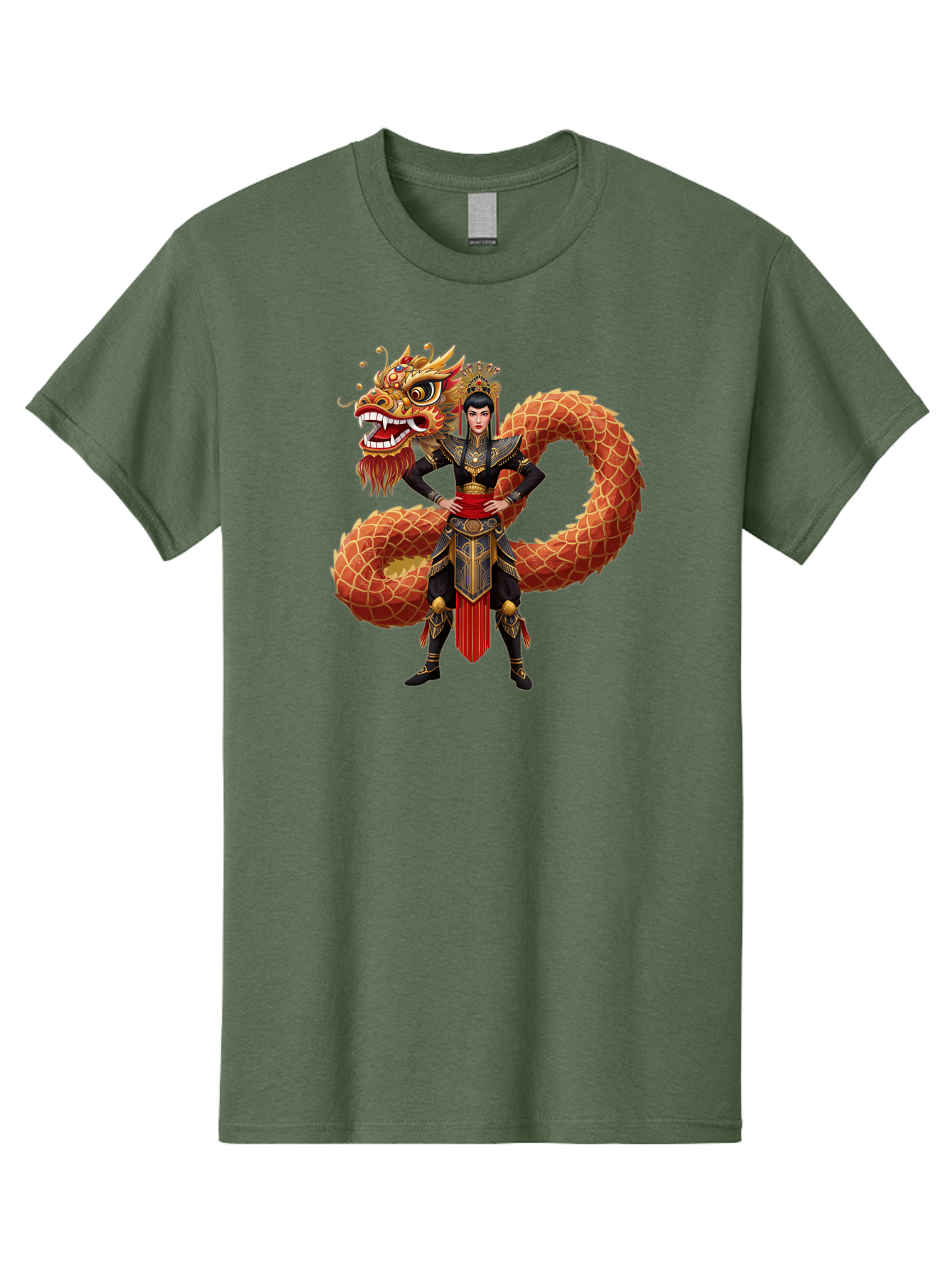 Warrior-Dragon Men'S Graphic Tee, 100% Cotton, Comfortable Casual Summer Wear, Machine Washable, Female Warrior, Dragon Companion, Traditional Armor, Gold Accents, Red Sash, Mythical Creature, Fantasy Art, Eastern Mythology, Bab575 6