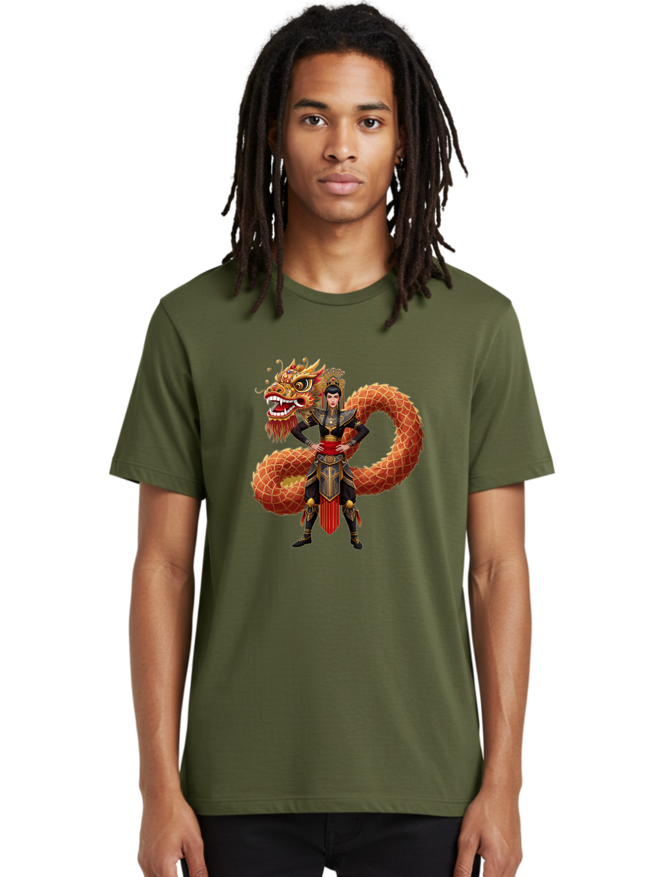 Warrior-Dragon Men'S Graphic Tee, 100% Cotton, Comfortable Casual Summer Wear, Machine Washable, Female Warrior, Dragon Companion, Traditional Armor, Gold Accents, Red Sash, Mythical Creature, Fantasy Art, Eastern Mythology, Bab575 21