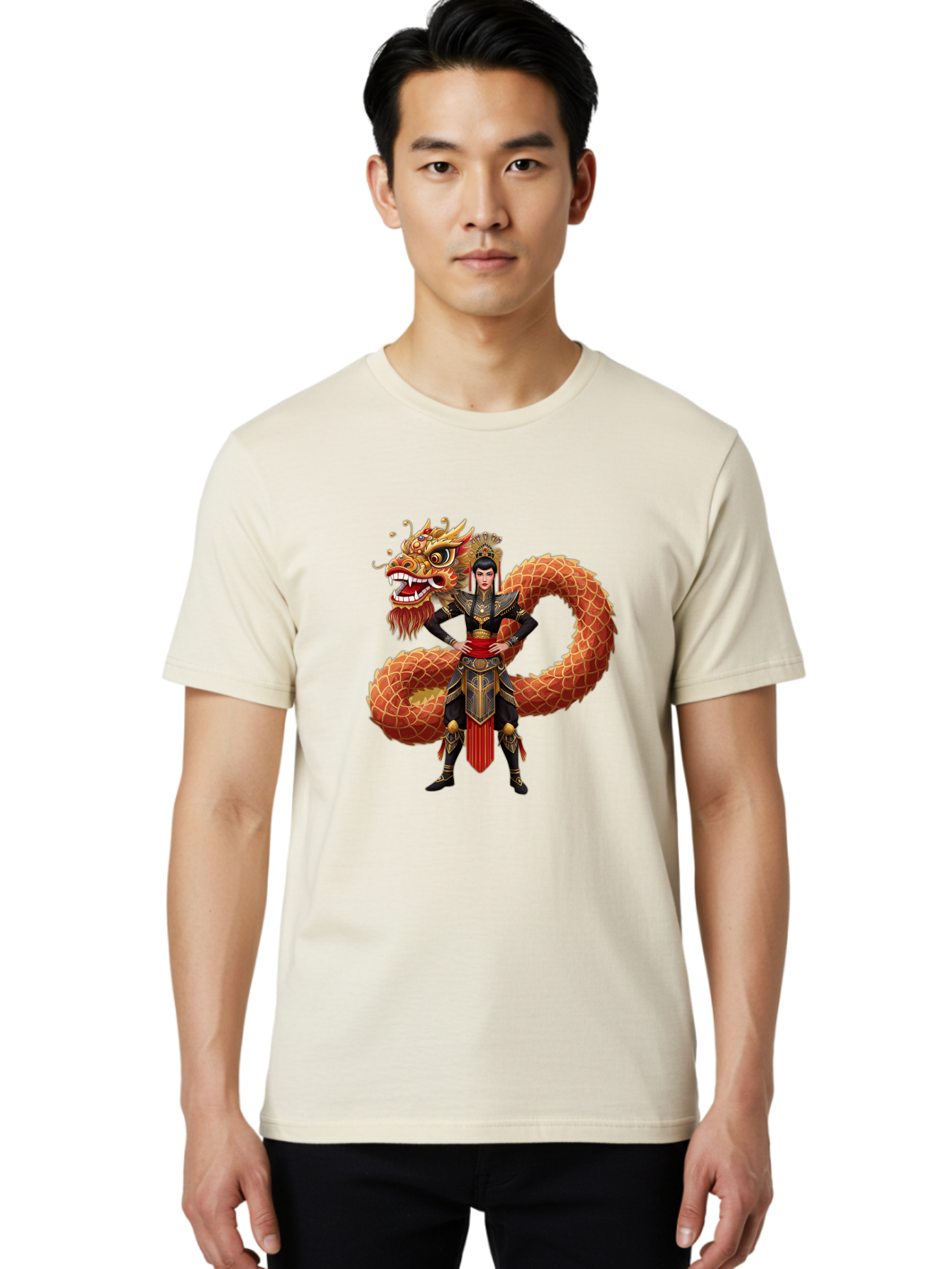 Warrior-Dragon Men'S Graphic Tee, 100% Cotton, Comfortable Casual Summer Wear, Machine Washable, Female Warrior, Dragon Companion, Traditional Armor, Gold Accents, Red Sash, Mythical Creature, Fantasy Art, Eastern Mythology, Bab575 17