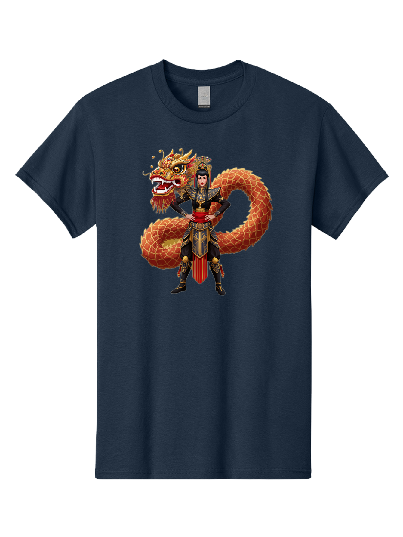 Warrior-Dragon Men'S Graphic Tee, 100% Cotton, Comfortable Casual Summer Wear, Machine Washable, Female Warrior, Dragon Companion, Traditional Armor, Gold Accents, Red Sash, Mythical Creature, Fantasy Art, Eastern Mythology, Bab575 5