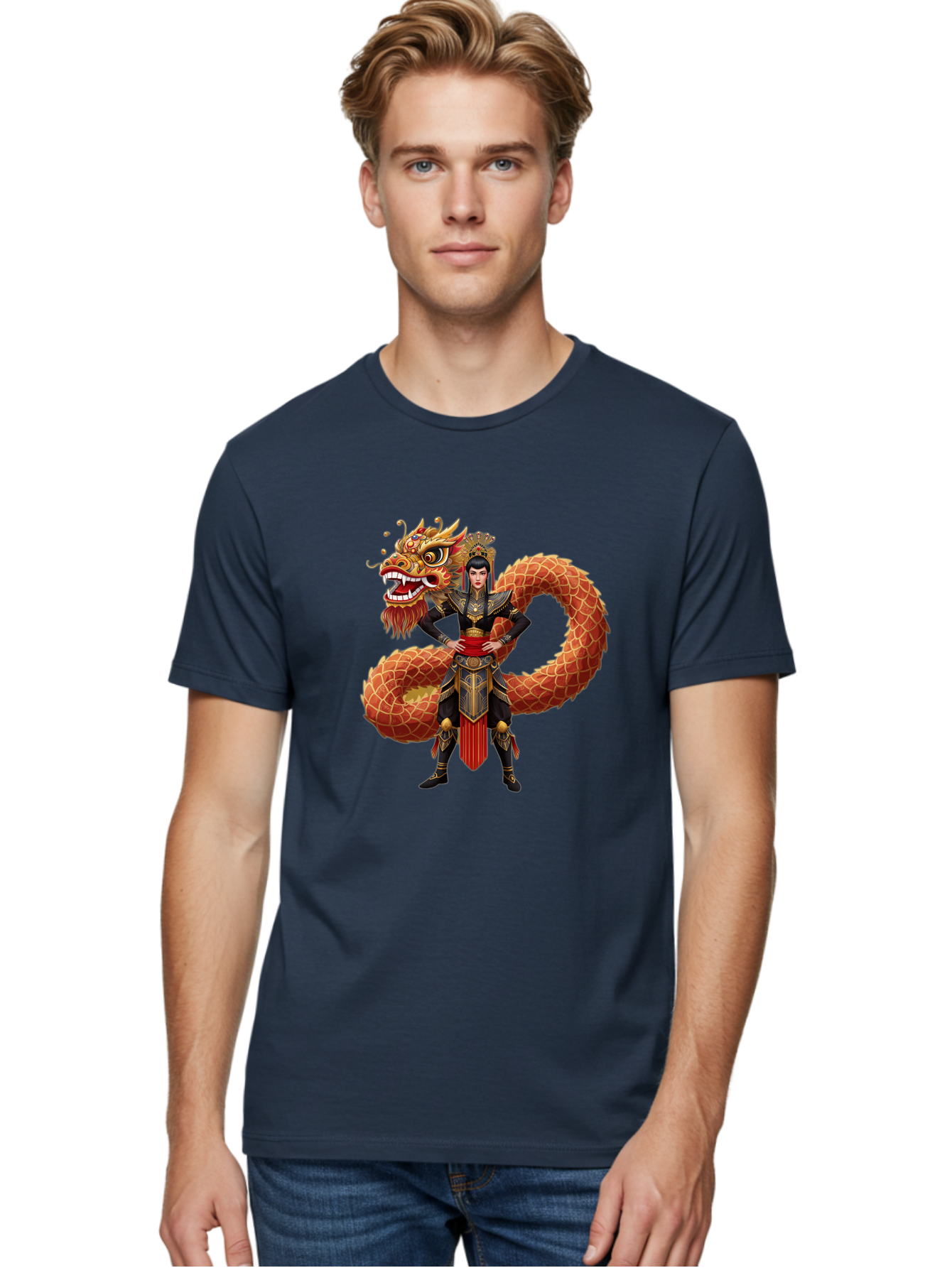 Warrior-Dragon Men'S Graphic Tee, 100% Cotton, Comfortable Casual Summer Wear, Machine Washable, Female Warrior, Dragon Companion, Traditional Armor, Gold Accents, Red Sash, Mythical Creature, Fantasy Art, Eastern Mythology, Bab575 20