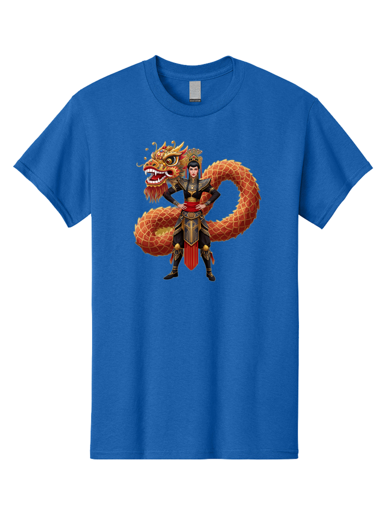 Warrior-Dragon Men'S Graphic Tee, 100% Cotton, Comfortable Casual Summer Wear, Machine Washable, Female Warrior, Dragon Companion, Traditional Armor, Gold Accents, Red Sash, Mythical Creature, Fantasy Art, Eastern Mythology, Bab575 4