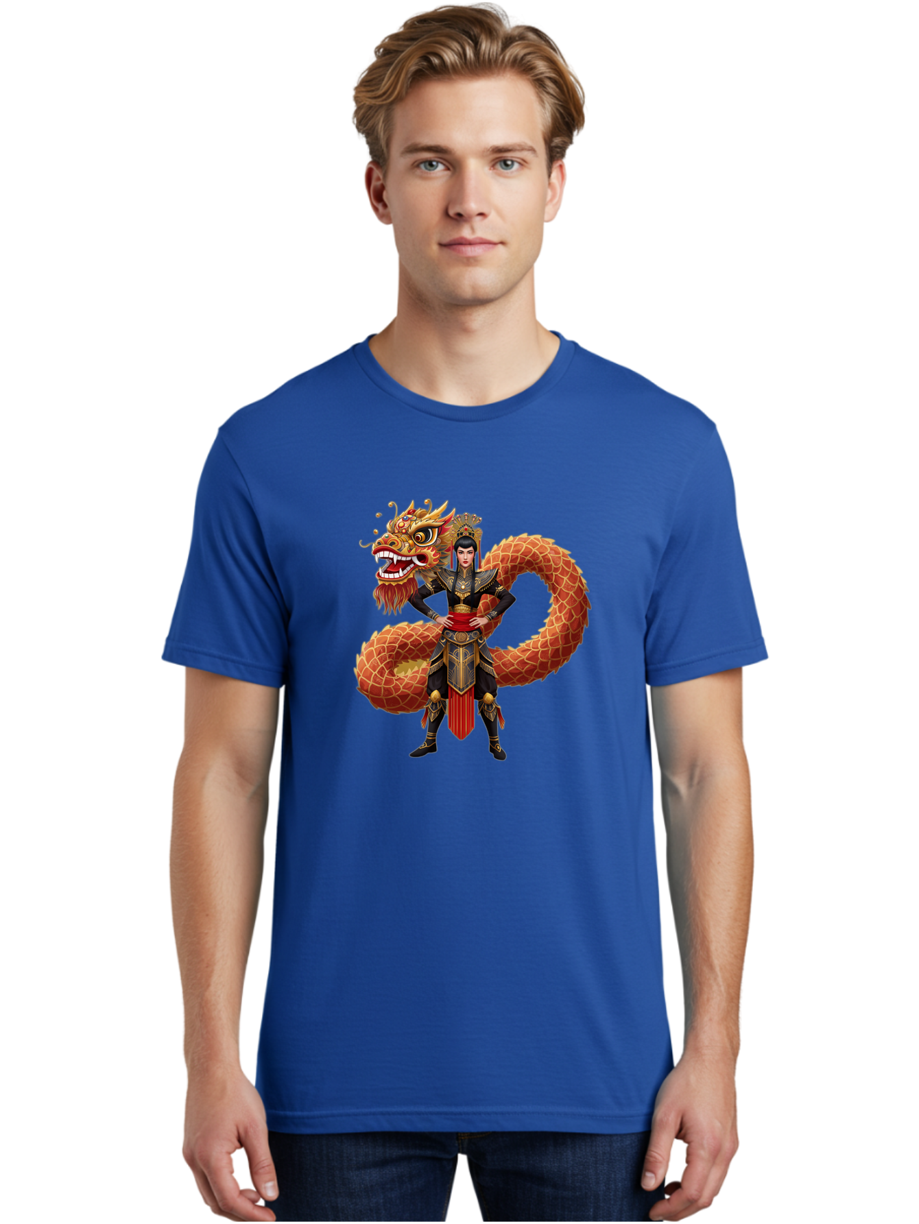 Warrior-Dragon Men'S Graphic Tee, 100% Cotton, Comfortable Casual Summer Wear, Machine Washable, Female Warrior, Dragon Companion, Traditional Armor, Gold Accents, Red Sash, Mythical Creature, Fantasy Art, Eastern Mythology, Bab575 19