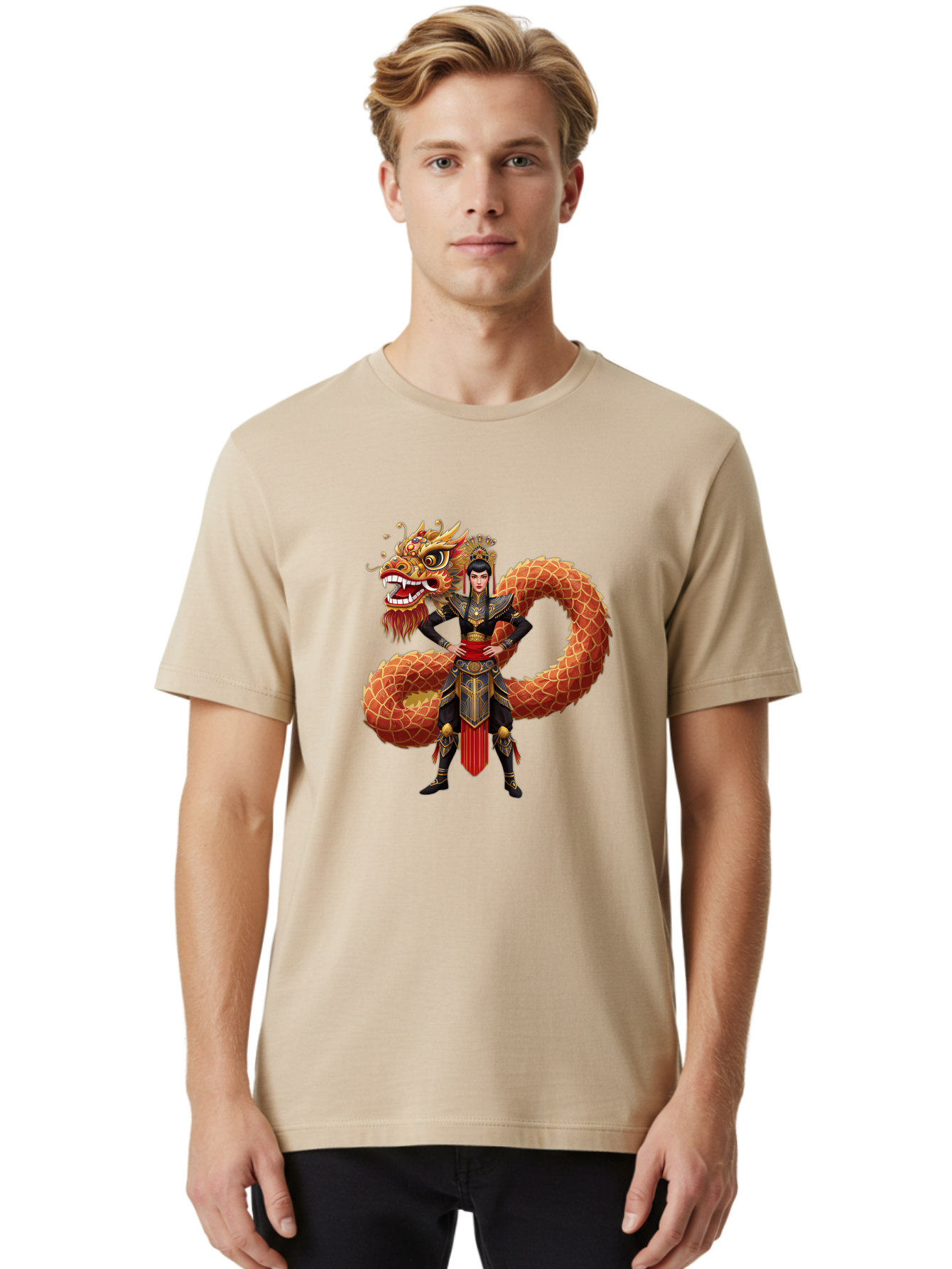 Warrior-Dragon Men'S Graphic Tee, 100% Cotton, Comfortable Casual Summer Wear, Machine Washable, Female Warrior, Dragon Companion, Traditional Armor, Gold Accents, Red Sash, Mythical Creature, Fantasy Art, Eastern Mythology, Bab575 16