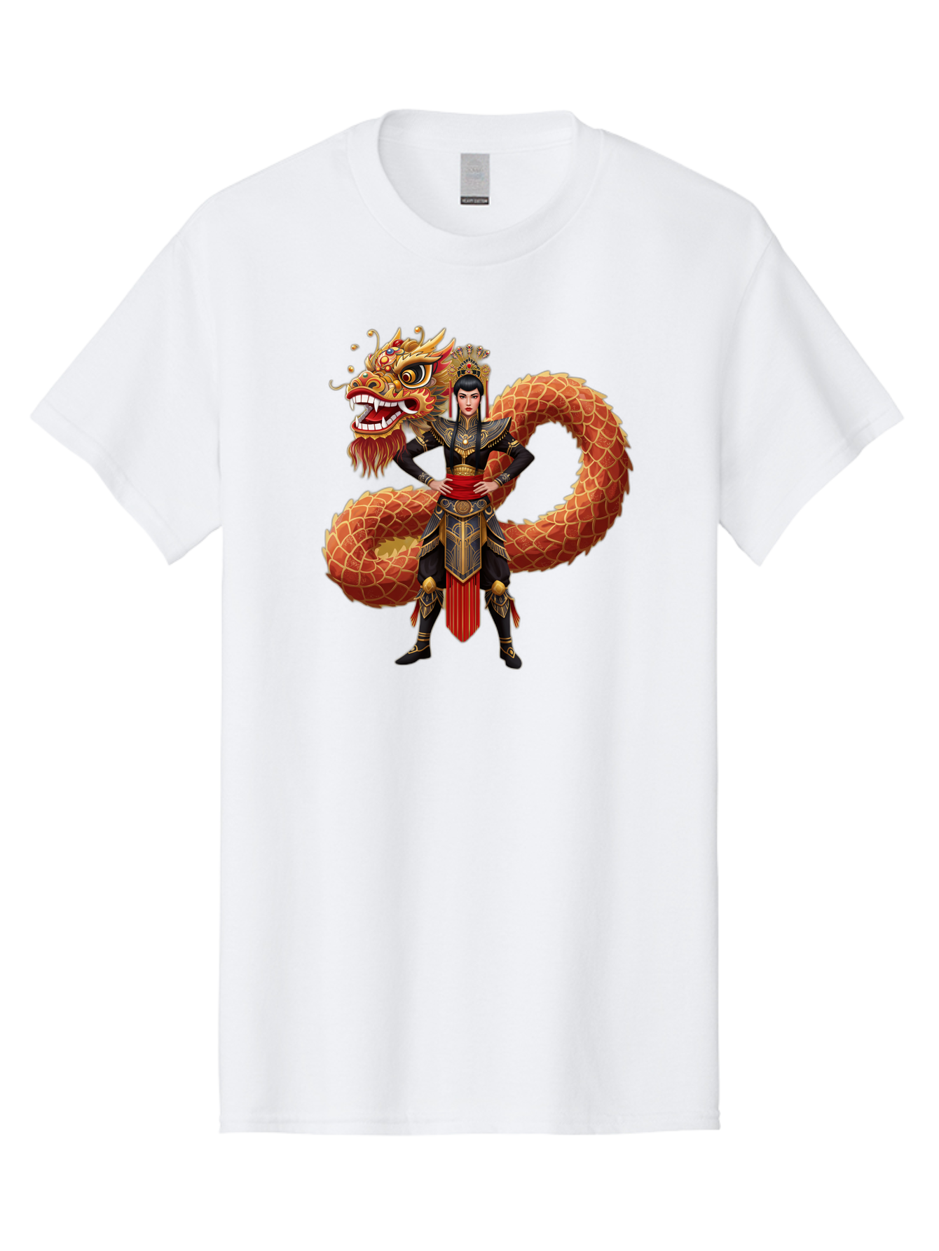 Warrior-Dragon Men'S Graphic Tee, 100% Cotton, Comfortable Casual Summer Wear, Machine Washable, Female Warrior, Dragon Companion, Traditional Armor, Gold Accents, Red Sash, Mythical Creature, Fantasy Art, Eastern Mythology, Bab575 9