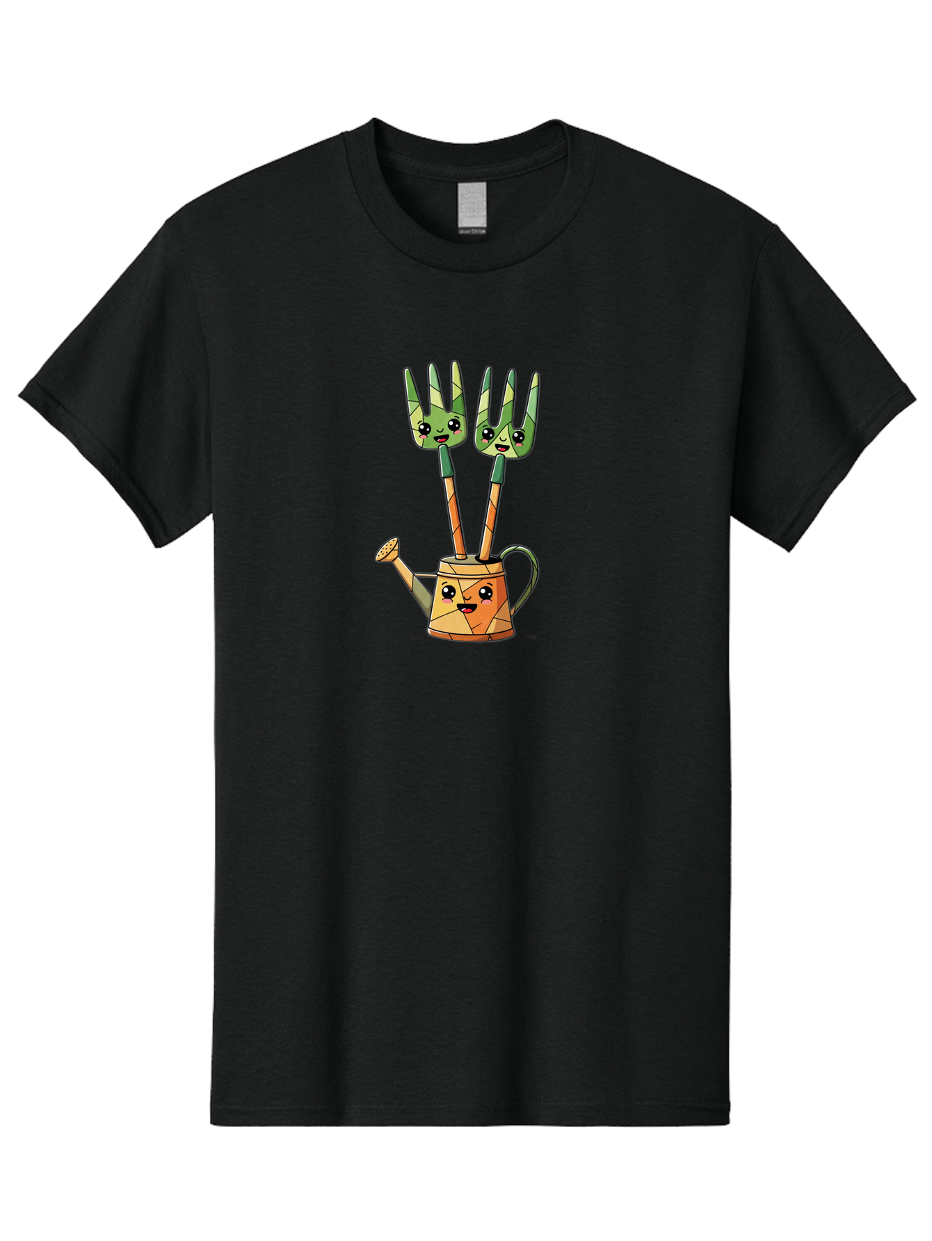 Watering-Can-And-Forks Men'S Graphic Tee, 100% Cotton, Comfortable Casual Summer Wear, Machine Washable, Cartoon Gardening Tools, Anthropomorphic Utensils, Watering Can With Face, Forks As Companions, Gardening Humor, Playful Illustration, Bab576 7