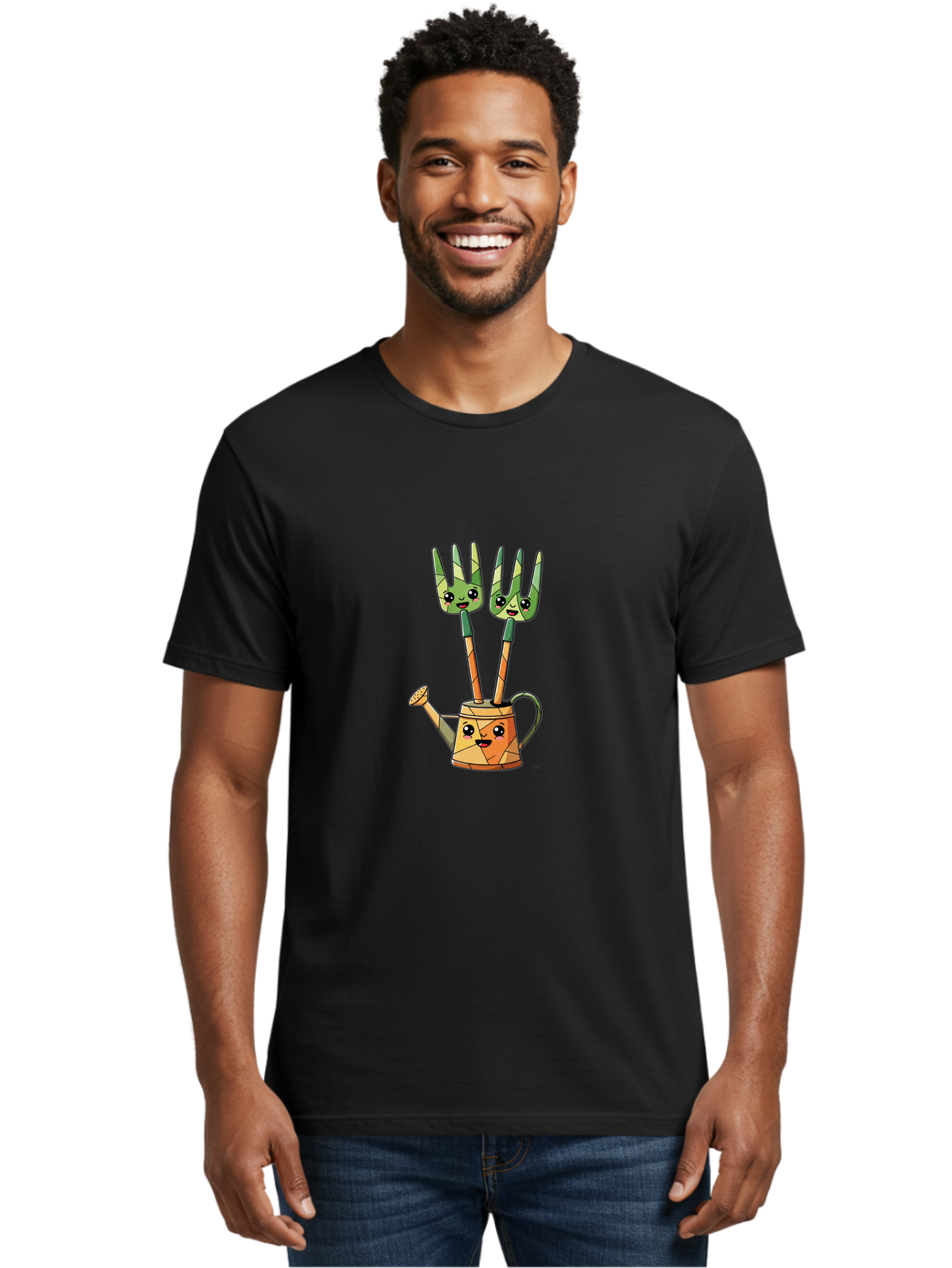 Watering-Can-And-Forks Men'S Graphic Tee, 100% Cotton, Comfortable Casual Summer Wear, Machine Washable, Cartoon Gardening Tools, Anthropomorphic Utensils, Watering Can With Face, Forks As Companions, Gardening Humor, Playful Illustration, Bab576 22