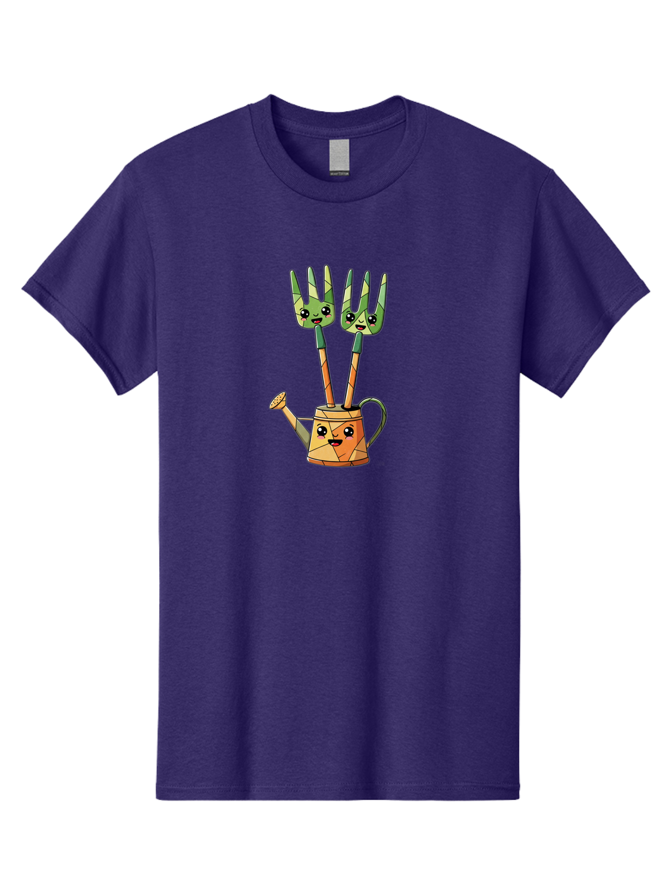 Watering-Can-And-Forks Men'S Graphic Tee, 100% Cotton, Comfortable Casual Summer Wear, Machine Washable, Cartoon Gardening Tools, Anthropomorphic Utensils, Watering Can With Face, Forks As Companions, Gardening Humor, Playful Illustration, Bab576 4