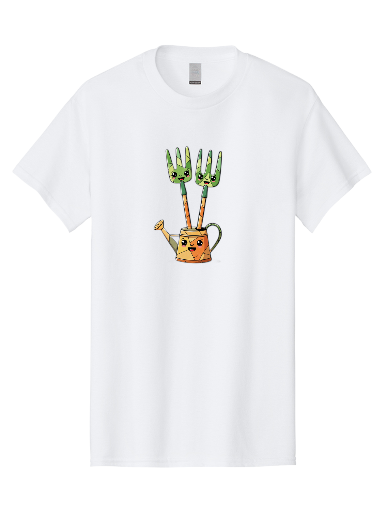 Watering-Can-And-Forks Men'S Graphic Tee, 100% Cotton, Comfortable Casual Summer Wear, Machine Washable, Cartoon Gardening Tools, Anthropomorphic Utensils, Watering Can With Face, Forks As Companions, Gardening Humor, Playful Illustration, Bab576 5