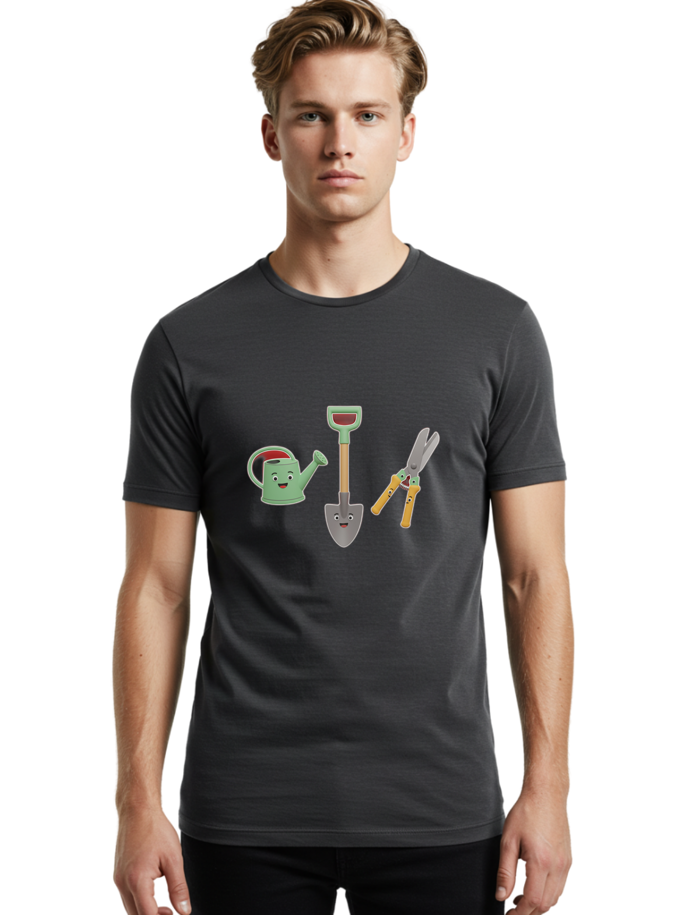 Watering-Can-Shovel-Pruning-Shears Men'S Graphic Tee, 100% Cotton, Comfortable Casual Summer Wear, Machine Washable, Gardening Tools, Watering Can With Face, Shovel With Face, Pruning Shears, Anthropomorphic Gardening Equipment, Bab577 19