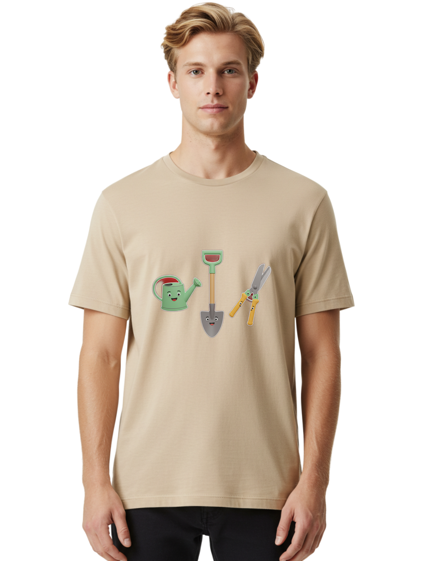 Watering-Can-Shovel-Pruning-Shears Men'S Graphic Tee, 100% Cotton, Comfortable Casual Summer Wear, Machine Washable, Gardening Tools, Watering Can With Face, Shovel With Face, Pruning Shears, Anthropomorphic Gardening Equipment, Bab577 16