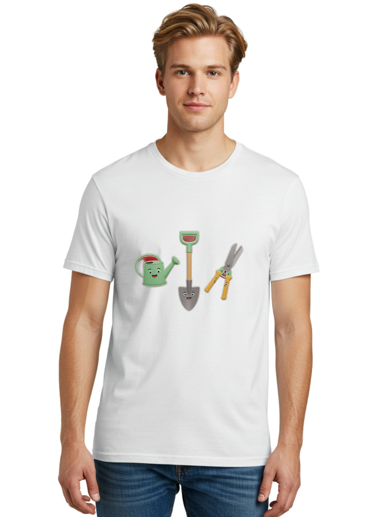 Watering-Can-Shovel-Pruning-Shears Men'S Graphic Tee, 100% Cotton, Comfortable Casual Summer Wear, Machine Washable, Gardening Tools, Watering Can With Face, Shovel With Face, Pruning Shears, Anthropomorphic Gardening Equipment, Bab577 25