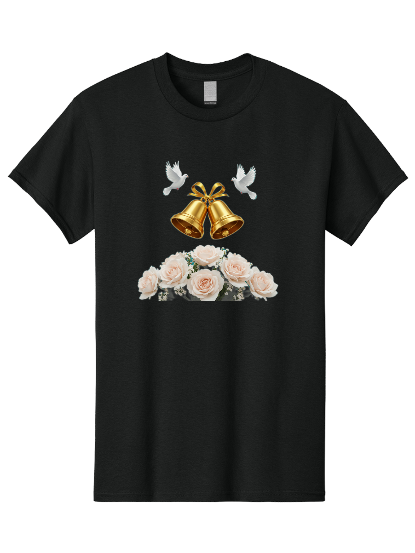 Wedding-Bells-With-Roses Men'S Graphic Tee, 100% Cotton, Comfortable Casual Summer Wear, Machine Washable, Wedding Bells, Golden Bells, White Doves, Bouquet Of Roses, White Roses, Baby'S Breath, Wedding Decor, Wedding Invitation, Bab580 4