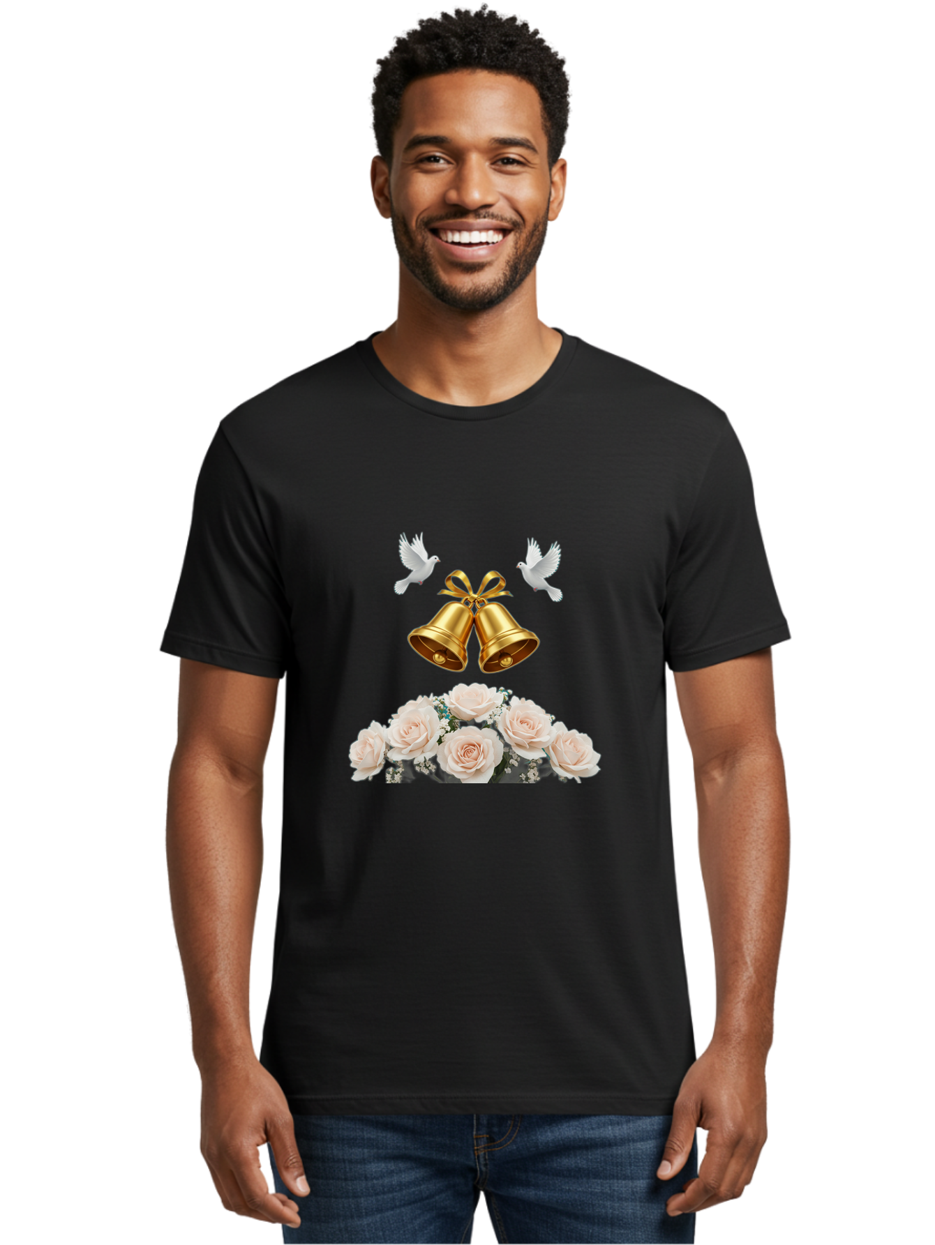 Wedding-Bells-With-Roses Men'S Graphic Tee, 100% Cotton, Comfortable Casual Summer Wear, Machine Washable, Wedding Bells, Golden Bells, White Doves, Bouquet Of Roses, White Roses, Baby'S Breath, Wedding Decor, Wedding Invitation, Bab580 19