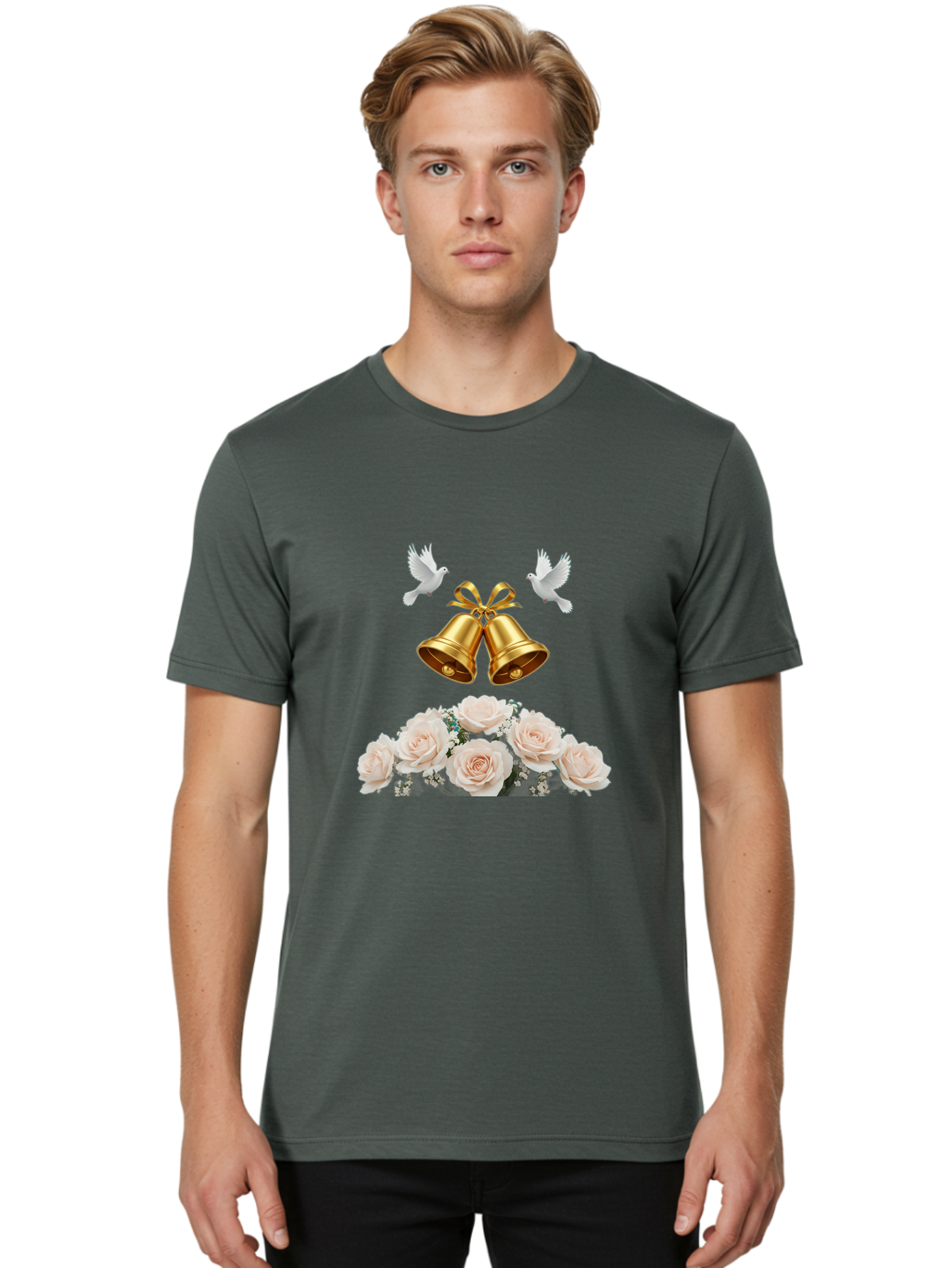 Wedding-Bells-With-Roses Men'S Graphic Tee, 100% Cotton, Comfortable Casual Summer Wear, Machine Washable, Wedding Bells, Golden Bells, White Doves, Bouquet Of Roses, White Roses, Baby'S Breath, Wedding Decor, Wedding Invitation, Bab580 21