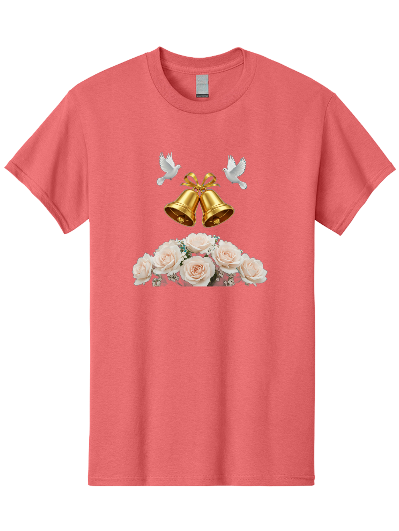 Wedding-Bells-With-Roses Men'S Graphic Tee, 100% Cotton, Comfortable Casual Summer Wear, Machine Washable, Wedding Bells, Golden Bells, White Doves, Bouquet Of Roses, White Roses, Baby'S Breath, Wedding Decor, Wedding Invitation, Bab580 10