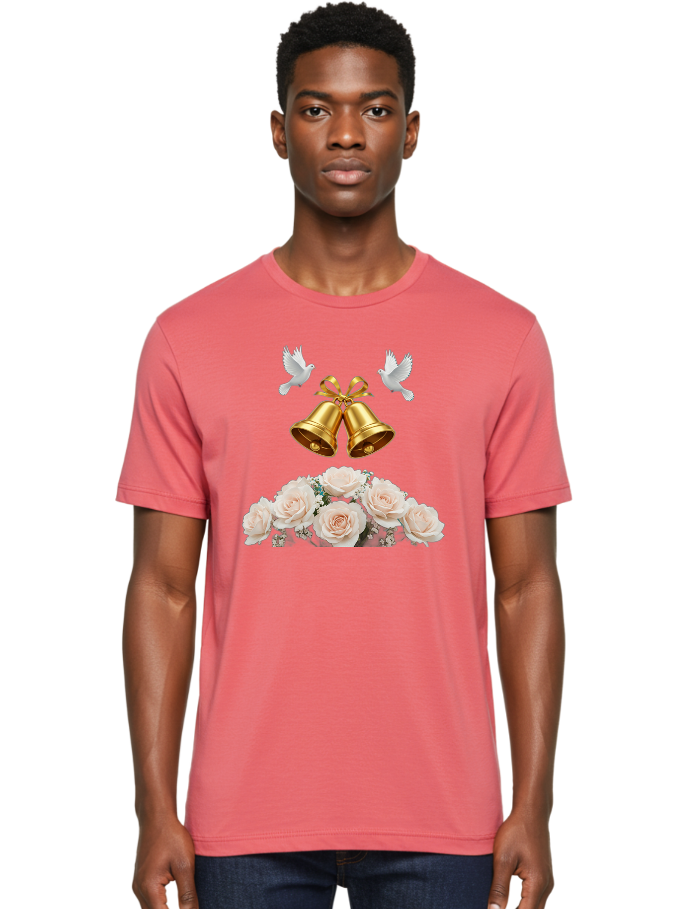 Wedding-Bells-With-Roses Men'S Graphic Tee, 100% Cotton, Comfortable Casual Summer Wear, Machine Washable, Wedding Bells, Golden Bells, White Doves, Bouquet Of Roses, White Roses, Baby'S Breath, Wedding Decor, Wedding Invitation, Bab580 25